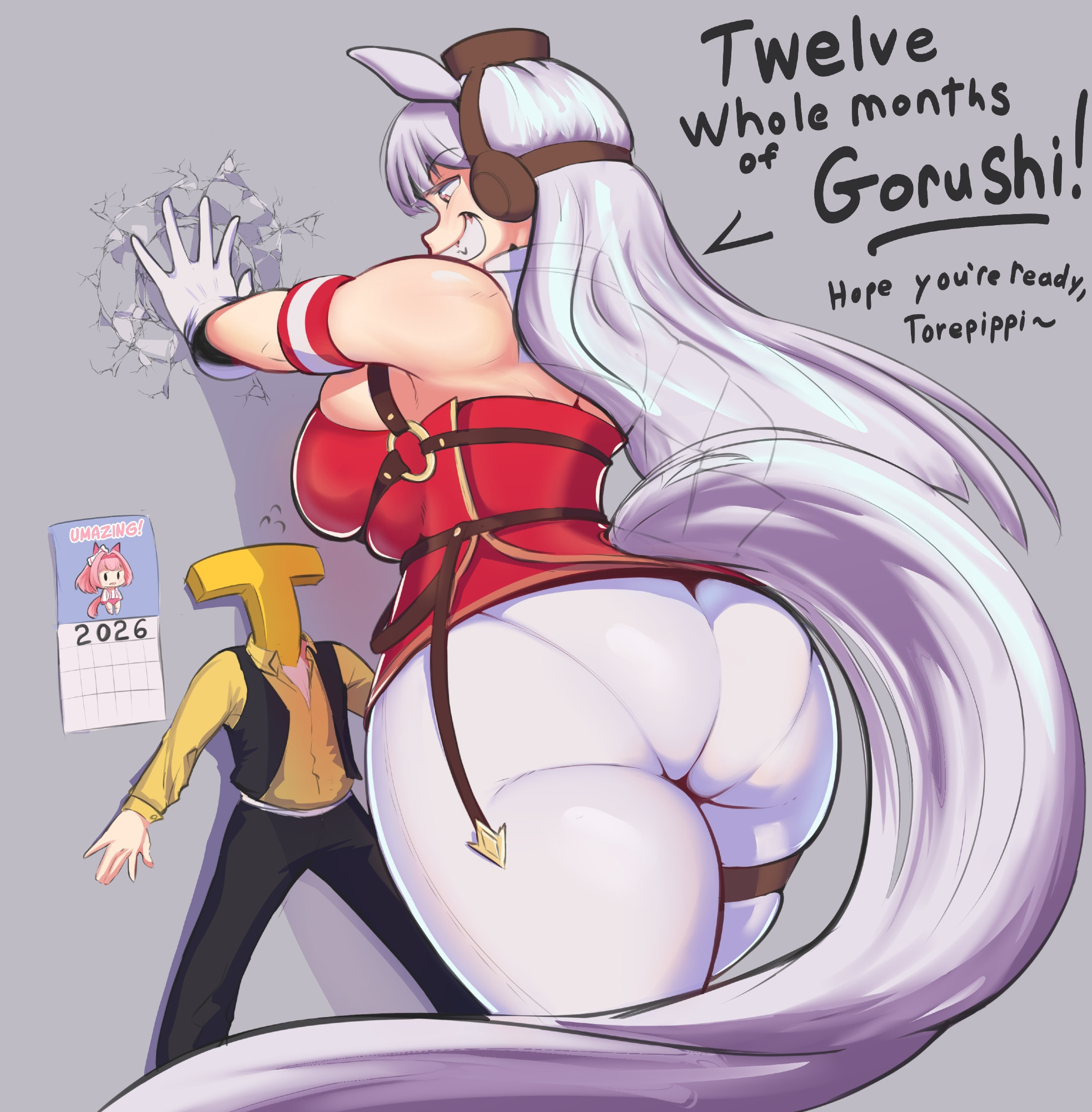 1boy, 1girls, ass, assertive female, big ass, big breasts, big butt, bigger female, breasts, gold ship (red strife) (umamusume), gold ship (umamusume), grey hair, haru urara (bestest prize) (umamusume), haru urara (umamusume), height difference, horse ears, horse girl, kabedon, large ass, large boobs, large breasts, large butt, larger female, long hair, long hair female, mini giantess, pantylines, purple eyes, sargasso sakana, shorter male, size difference, smaller male, taller female, text, trainer (umamusume), umamusume, umamusume pretty derby, voluptuous, voluptuous female