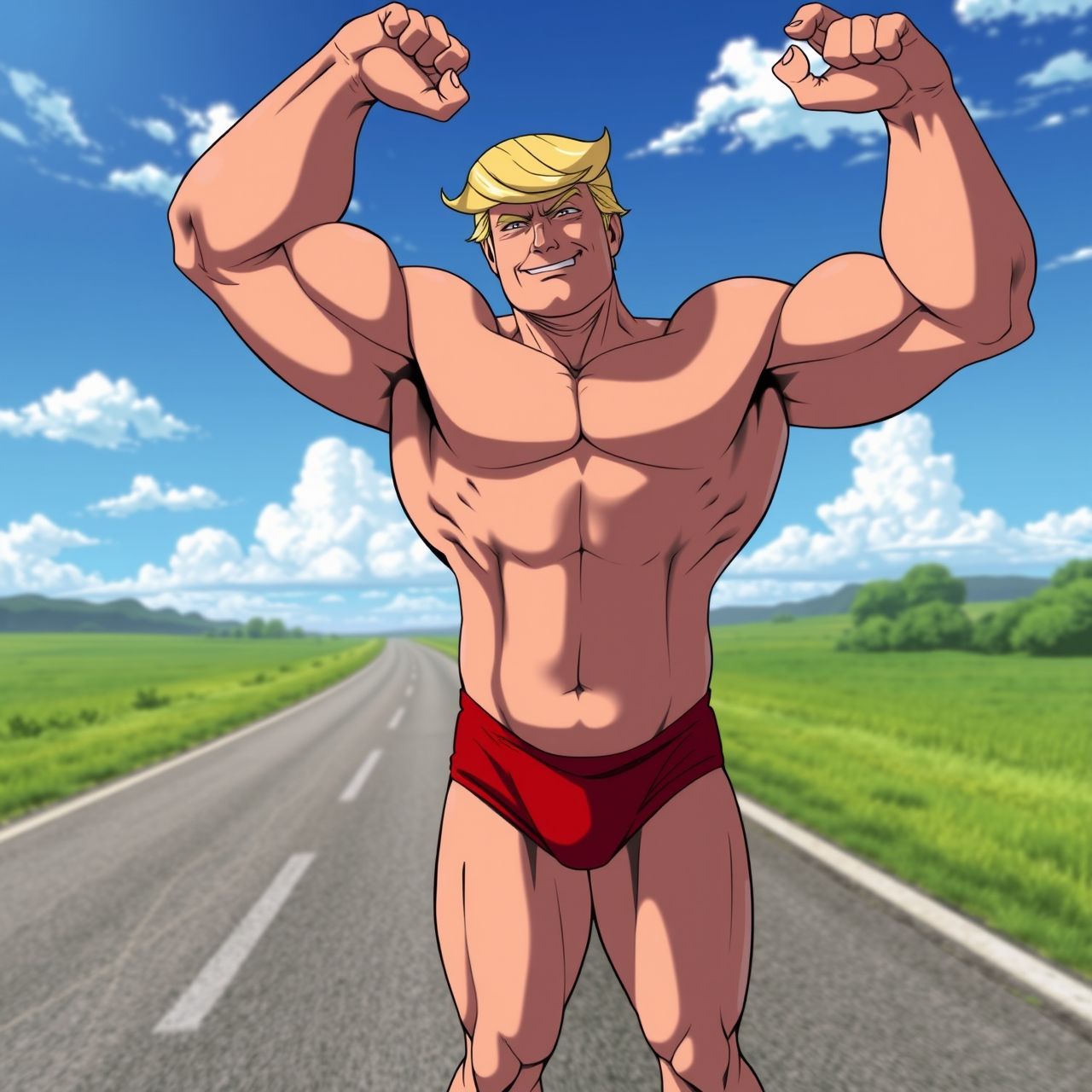 1boy abs ai_generated armpits arms arms_above_head arms_up beautiful beautiful_background beautiful_face biceps big_biceps big_bulge big_muscles big_pecs big_thighs blonde blonde_eyebrows blonde_hair blonde_hair_male blue_sky body bulge cloud clouds cloudy_sky donald_j_trump donald_trump eyes gorgeous gorgeous_boy grass hair handsome handsome_man happy happy_male male male_only muscle_worship muscles muscular muscular_arms muscular_legs muscular_male muscular_thighs pecs political politician politics pose posing posing_for_the_viewer road sexy sexy_armpits sexy_body sexy_man sexy_pose six_pack smiling smiling_at_viewer solo standing standing_position street teeth teeth_showing teeth_visible thick_thighs thighs underwear white_teeth