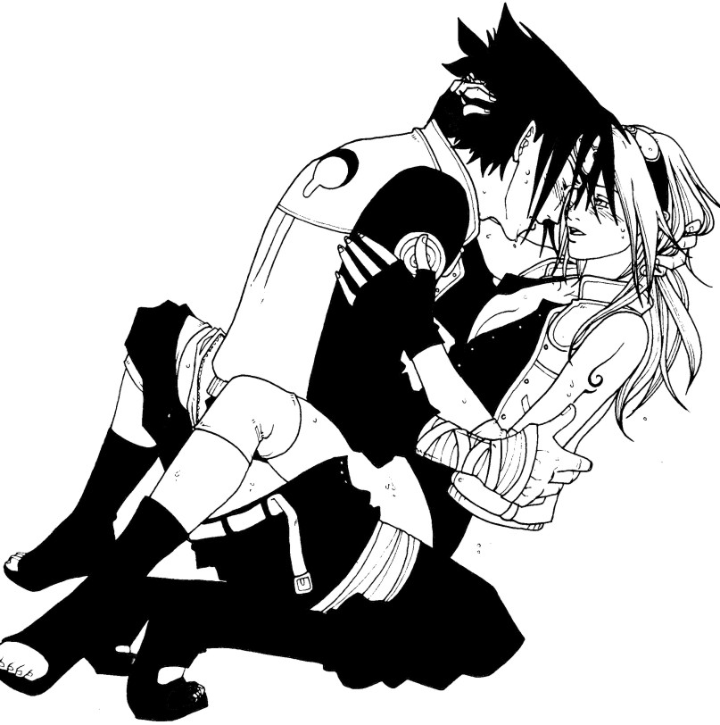 arm_tattoo bandage bandages bare_shoulders belt blush breasts cleavage closed_eyes clothed_sex couple detached_sleeves female fingerless_gloves gloves headband heavy_breathing hug human kneeling legs male monochrome nami86 naruto open_clothes open_mouth open_shirt panties panties_around_leg panties_around_one_leg panting pants sakura_haruno sandals sasuke_uchiha sex shirt short_hair shorts simple_background spread_legs straight straight_hair sweat tattoo underwear vest