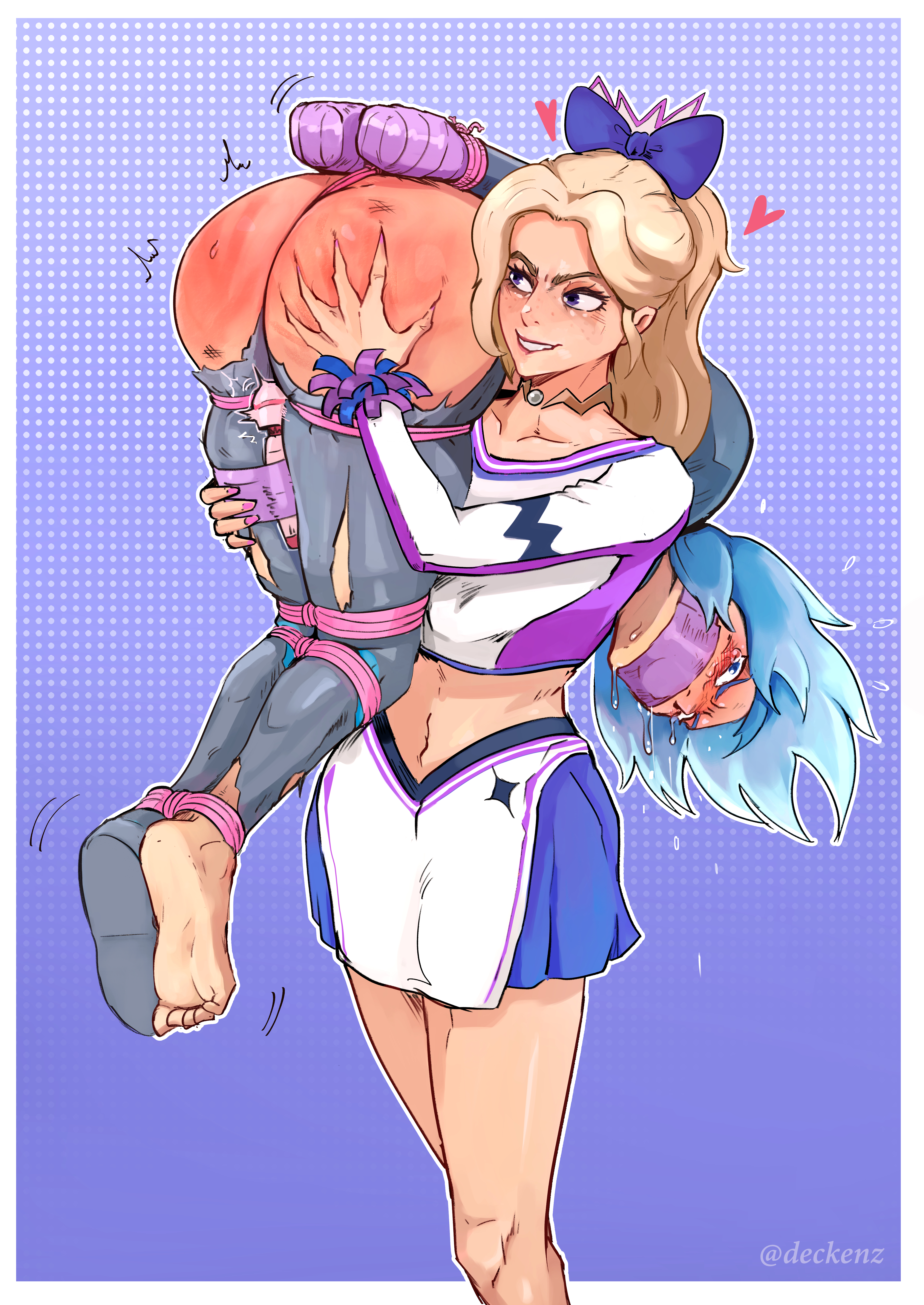2girls, abducted, angry, barefoot, blonde hair, blue hair, bondage, brushing, carrying another, carrying over shoulder, carrying person, cheerleader, cheerleader uniform, crying, deckenz, female, female only, femdom, femsub, fortnite, gag, groping, groping ass, haylee skye (fortnite), kidnapped, kidnapping, lesbian domination, lightrider (fortnite), ots carry, pink rope, pink tape, pink vibrator, pussy, red ass, spanking, tape gag, torn clothes, vibrator, vibrator in pussy, yuri