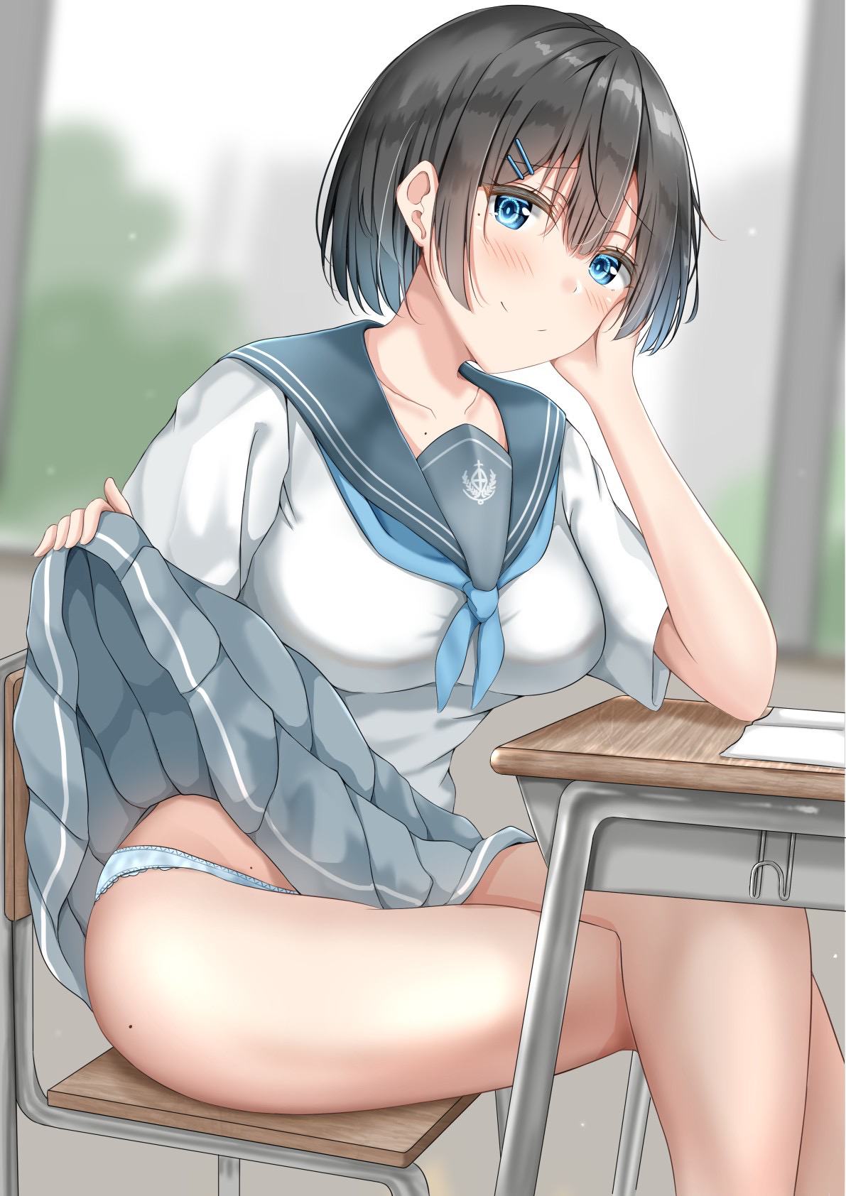 bare legs, blue eyes, blue neckerchief, blurry, blurry background, blush, breasts, cheek rest, classroom, clothes lift, collarbone, crossed legs, day, desk, emblem, female, flashing, hair ornament, hairclip, hands up, head rest, highres, indoors, lifting own clothes, looking at viewer, medium breasts, mole, mole under eye, neckerchief, original, panties, pleated skirt, sailor collar, school desk, school uniform, shirt, short hair, short sleeves, sitting, skirt, skirt lift, smile, solo, striped clothes, striped panties, sunsun2812, thighs, underwear, white shirt, window