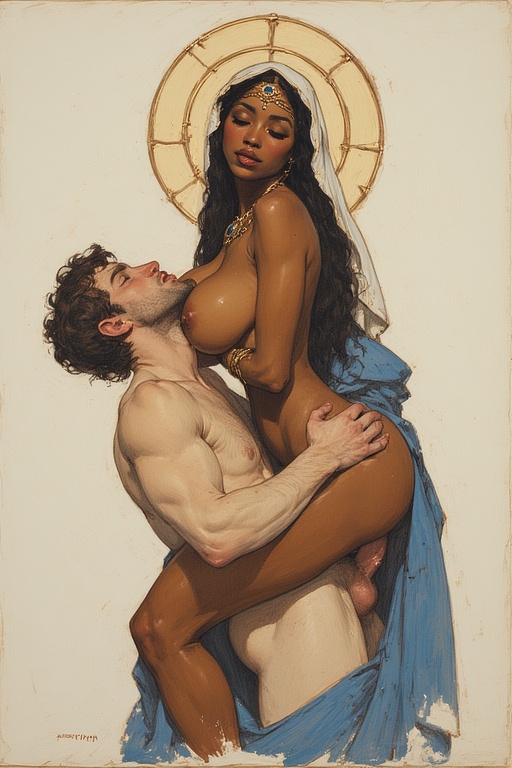 ai generated, anonymous male, big breasts, black hair, bleached, breasts, christianity, dark hair, dark-skinned female, female, folk saint, gypsy, halo, interracial, interracial sex, long hair, male, perchance ai, pussy, romani female, sara la kali, tan skin, tiny waist, vaginal penetration, vaginal sex, veil