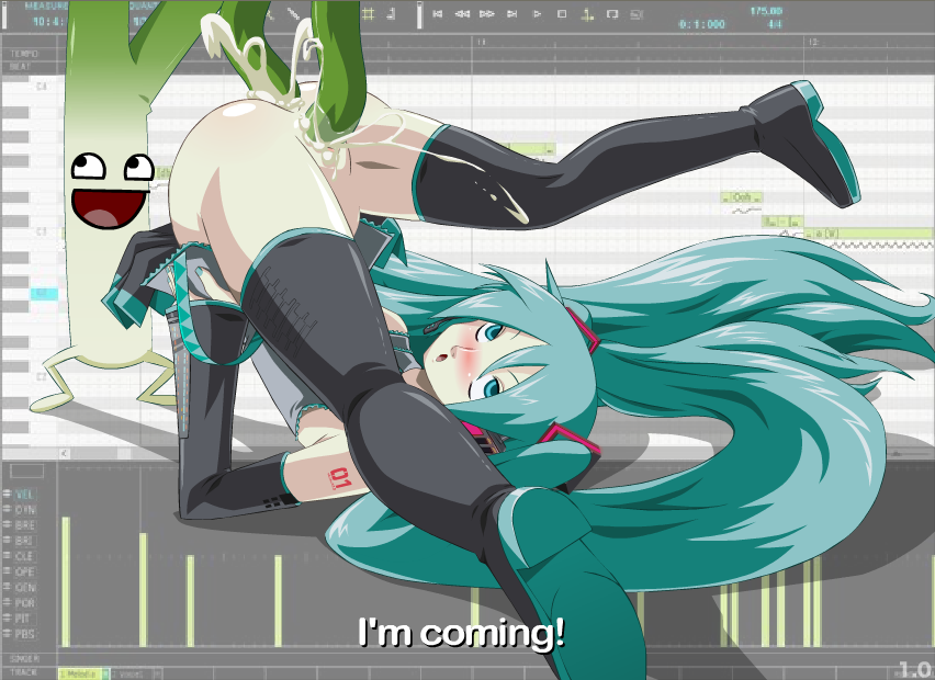 1girl, anal, aqua eyes, aqua hair, arched back, arm support, ass, blush, cap, cum, cum in ass, cum in pussy, detached sleeves, double penetration, female, fucked silly, hatsune miku, headset, long hair, no panties, orgasm, pussy, rolling eyes, skirt, solo, spring onion, thighhighs, tied hair, top-down bottom-up, twintails, uncensored, upside-down, vaginal, vaginal penetration, very long hair, vocaloid, zone