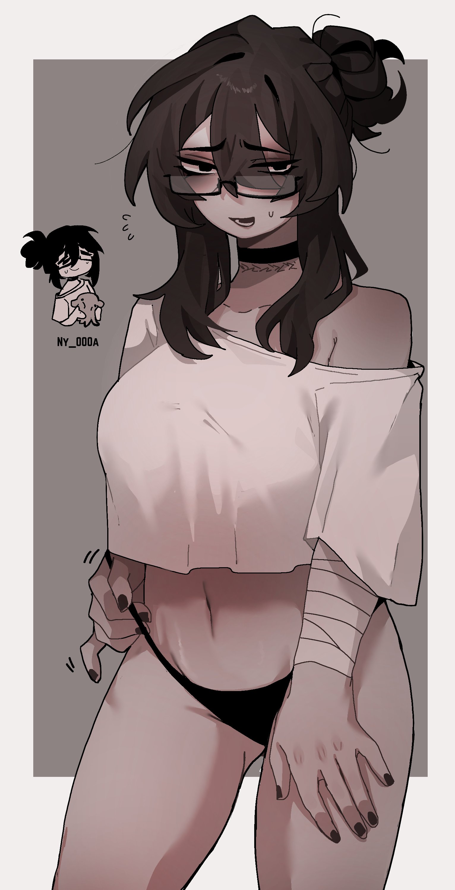 1girls, ass, ass visible through thighs, breasts, choker, female, female focus, female only, glasses, light skin, light-skinned female, looking at viewer, ny 000a, original, pulling clothing, shig (shigezie), solo, thighs, thong