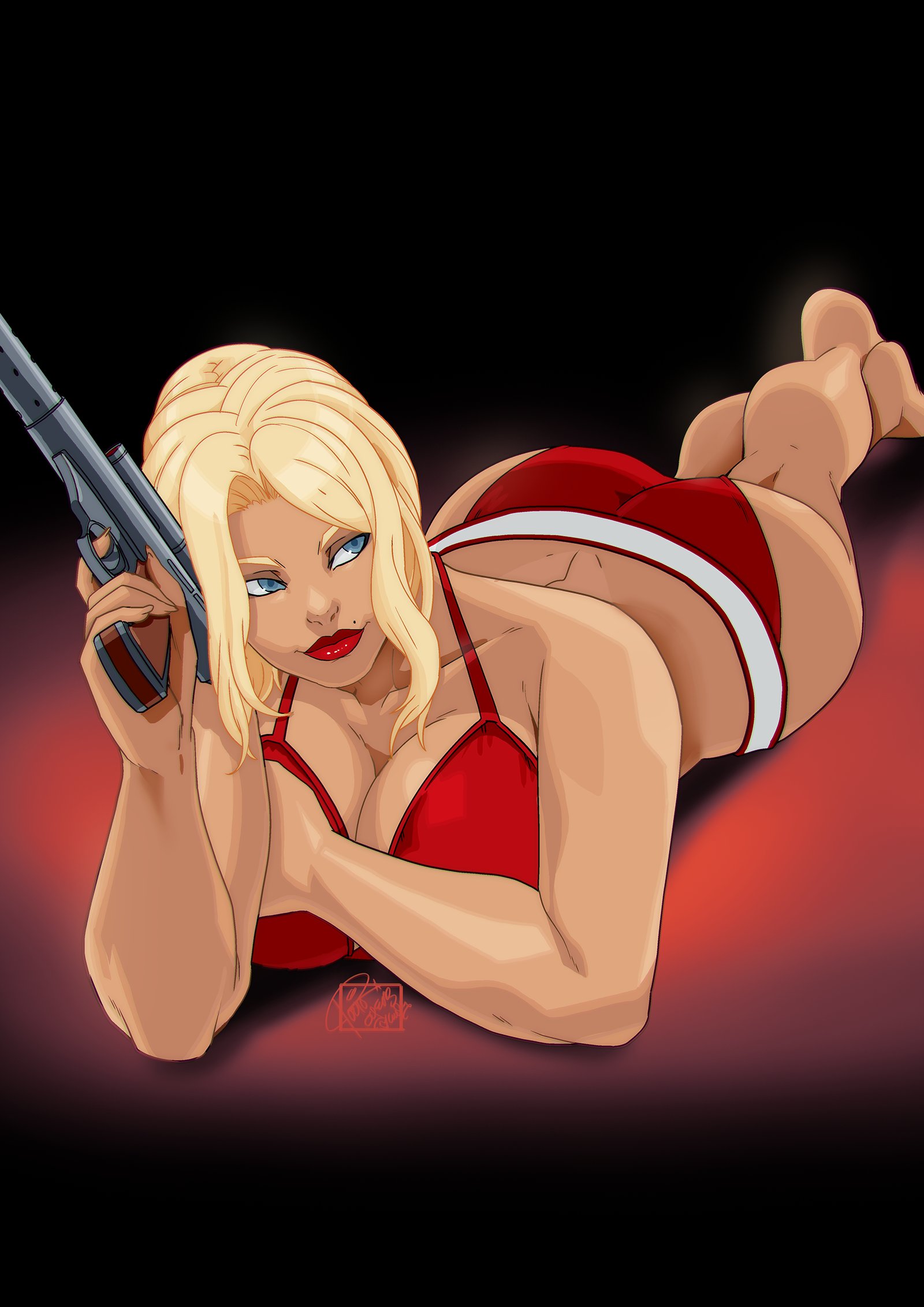 artist name, artist signature, ass, big ass, big breasts, blonde female, blonde hair, blue eyes, bra, breasts, destroy all humans!, female, fit, fit female, gun, holding gun, holding object, holding weapon, laying on stomach, lipstick, mole, mole above mouth, natalya ivanova, red lipstick, smile, solo, solo female, solo focus, tagme, tovio rogers, underwear