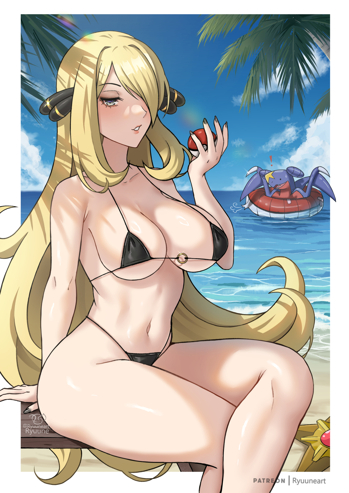 1girls, bare shoulders, beach, big breasts, bikini, black bikini, blonde hair, breasts, cleavage, cynthia (pokemon), female, female only, garchomp, gen 1 pokemon, gen 4 pokemon, grey eyes, grey nails, hair ornament, hair over one eye, highres, long hair, looking at viewer, nail polish, navel, pokemon, pokemon dppt, ryuuneart, staryu, swimsuit, thighs