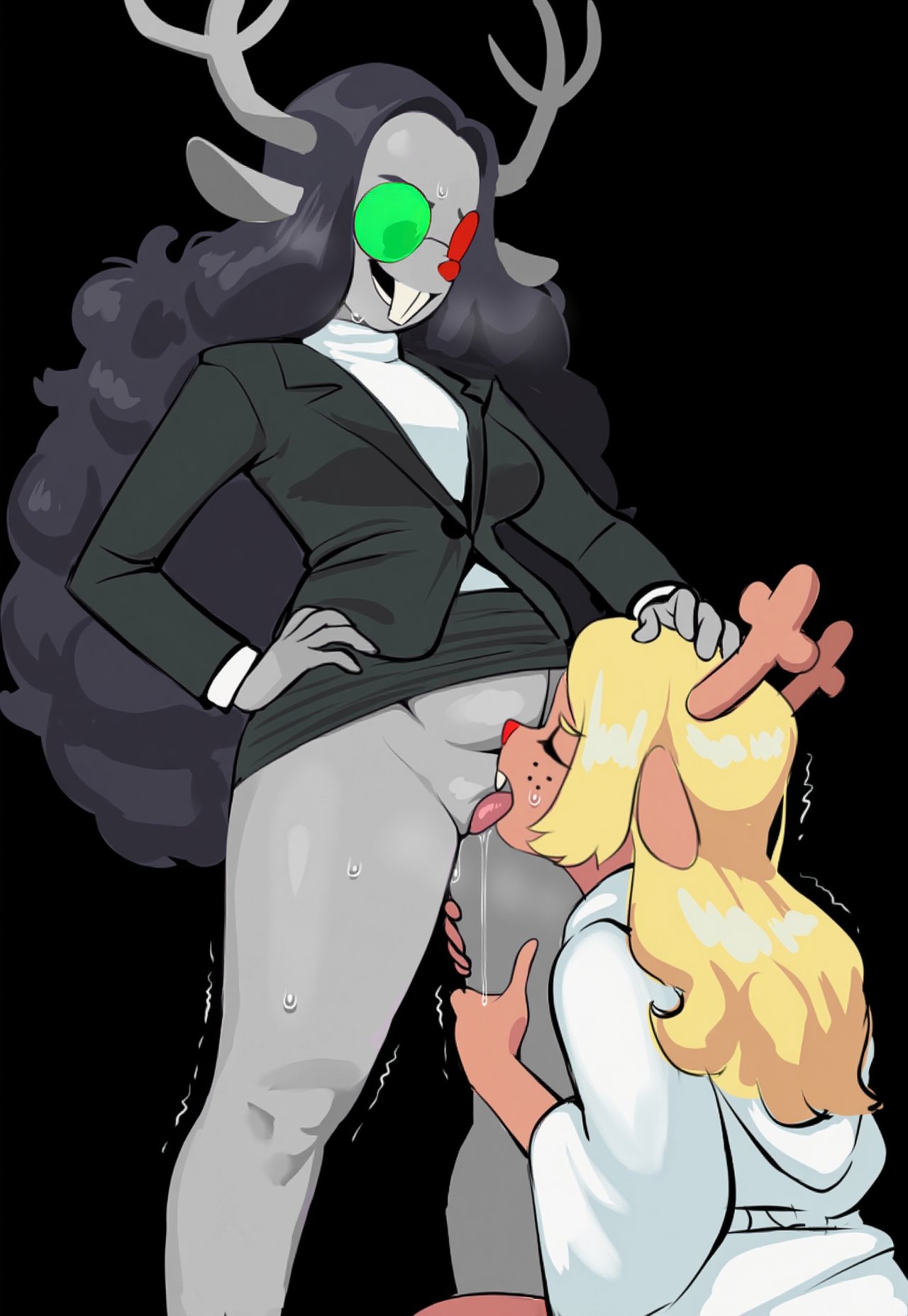 ai generated, clothing, cunnilingus, deltarune, deltarune tomorrow, female, hand on head, noelle holiday, nudealert, spamelle, tagme, tongue, undertale (series), yuri