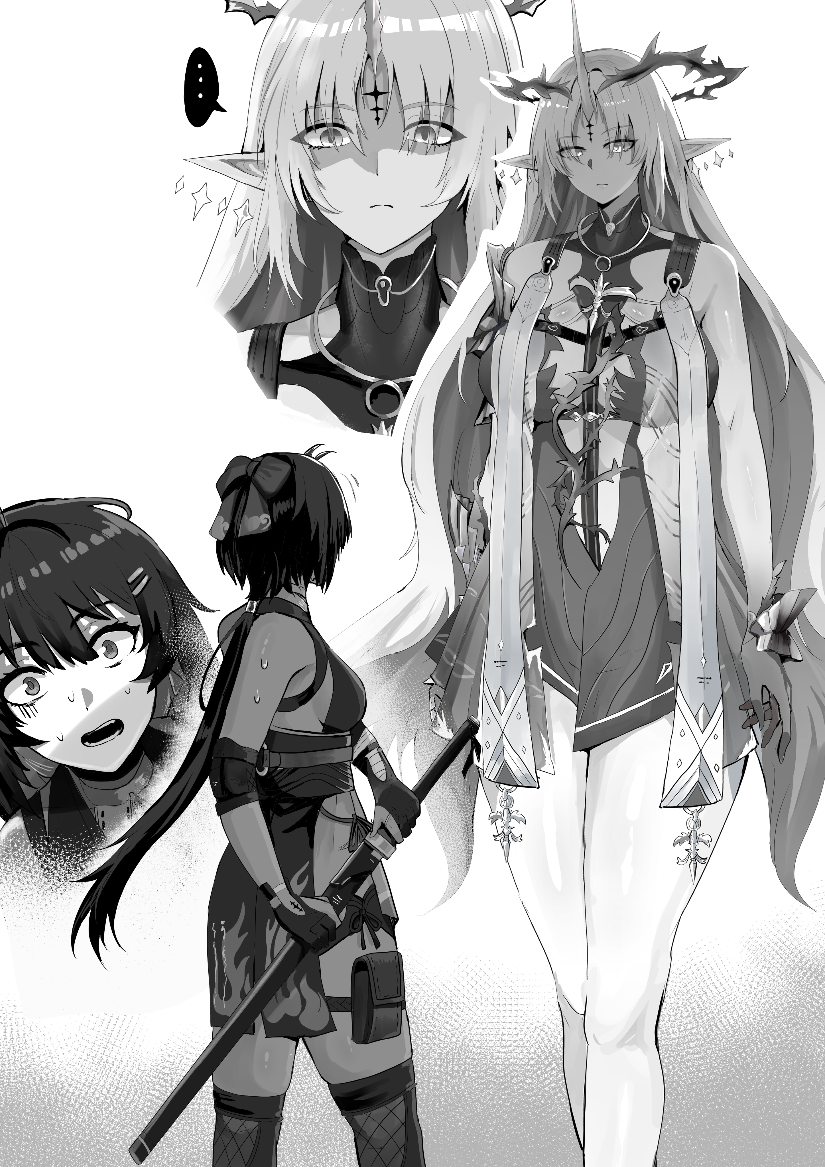 2girls, black and white, extreme french kiss, female, female only, female rover (wuthering waves), fleurdelys (wuthering waves), giantess, grey skin, height difference, kissing, large female, larger female, lifting person, mini giantess, monochrome, rover (wuthering waves), size difference, will2012tw, wuthering waves, yuri