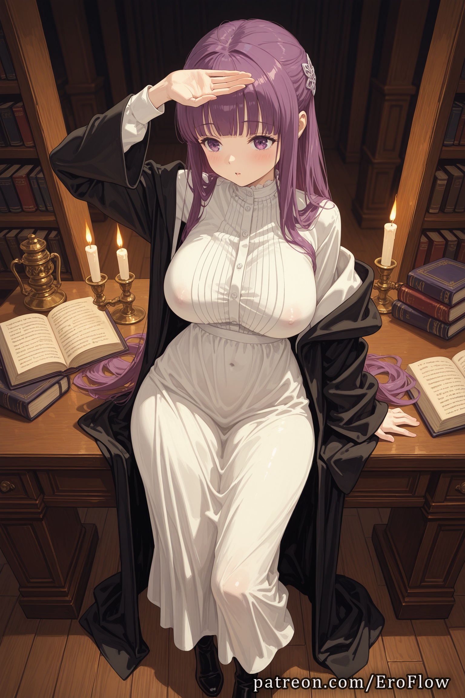1girls, 2025, ai generated, bangs, black coat, black footwear, blunt bangs, blush, book, bookshelf, breasts, candle, candlestand, clothing, coat, covered nipples, curvaceous, dress, eroflow, female, female only, fern (sousou no frieren), half updo, hi res, highres, indoors, large breasts, light skin, light-skinned female, long dress, long hair, long sleeves, looking at viewer, nipples, patreon, purple eyes, purple hair, see-through, see-through dress, sidelocks, sitting, solo, sousou no frieren, straight hair, taut clothes, teasing, very long hair, voluptuous, voluptuous female, white dress, wig