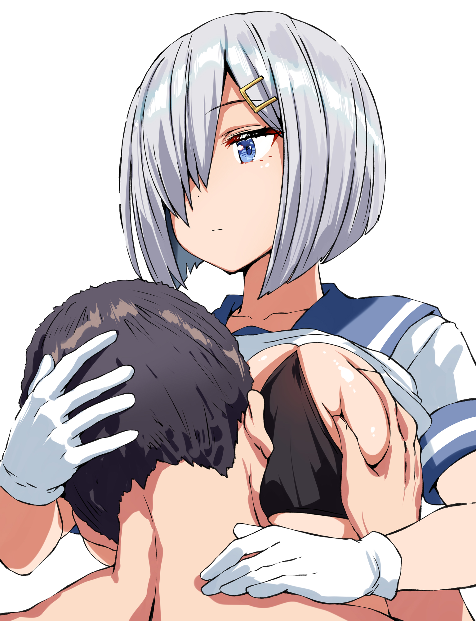 1boy, 1girls, belko, big breasts, black bra, blue eyes, blue-eyed female, bra, breasts, collarbone, comforting, expressionless, female, female focus, gloves, hamakaze (kantai collection), hand on another's head, hand on another's shoulder, kantai collection, large boobs, large breasts, light skin, light-skinned female, light-skinned male, looking away, male, silver hair, silver-haired female, simple background, white background, white gloves