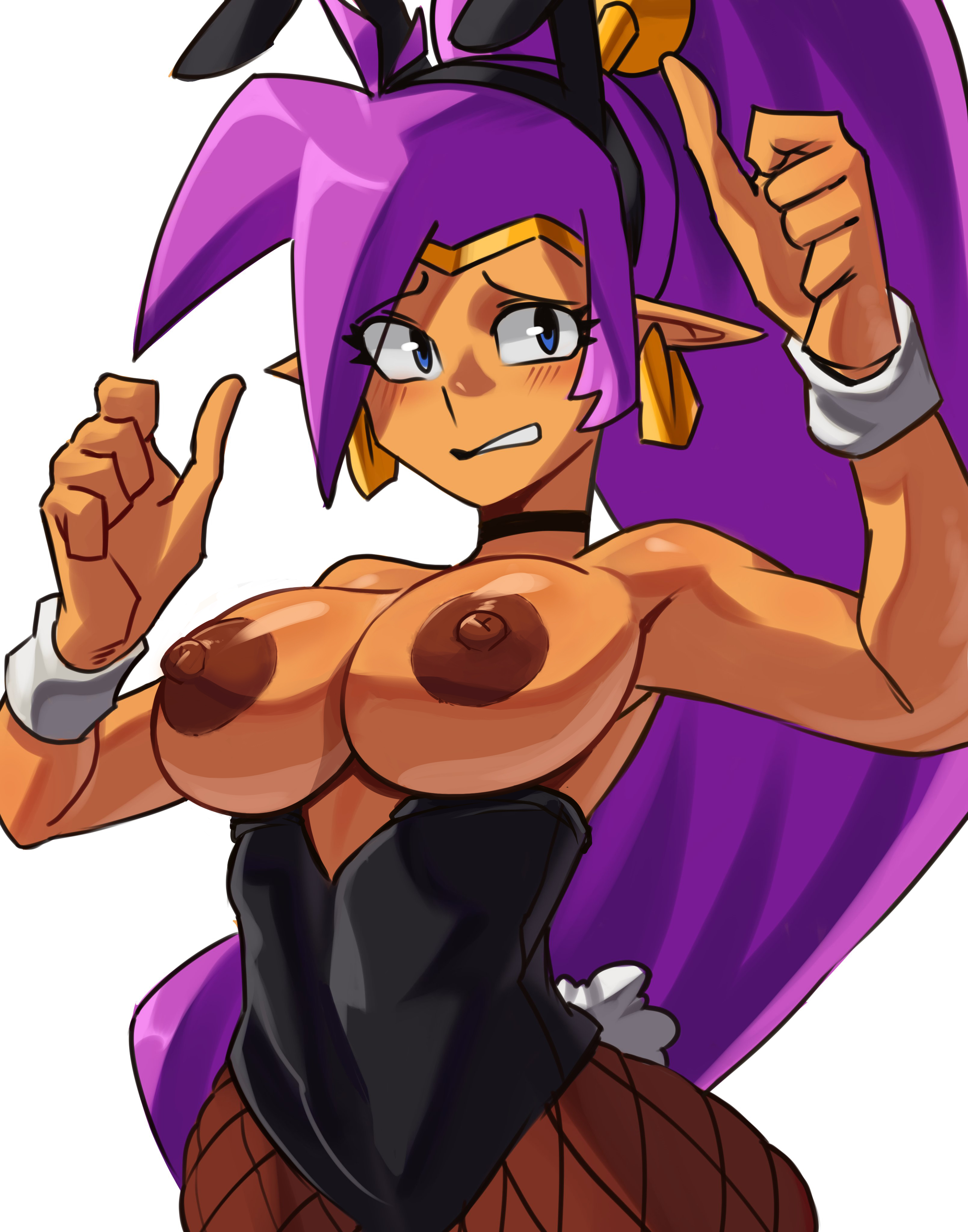 1girls, big breasts, breasts, bunny ears, bunnysuit, cleavage, dark skin, dark-skinned female, edit, elf ears, female, female focus, female only, moxydrawsmore, nipples, purple hair, shantae, shantae (character), third-party edit, tight clothes, wayforward, wide hips
