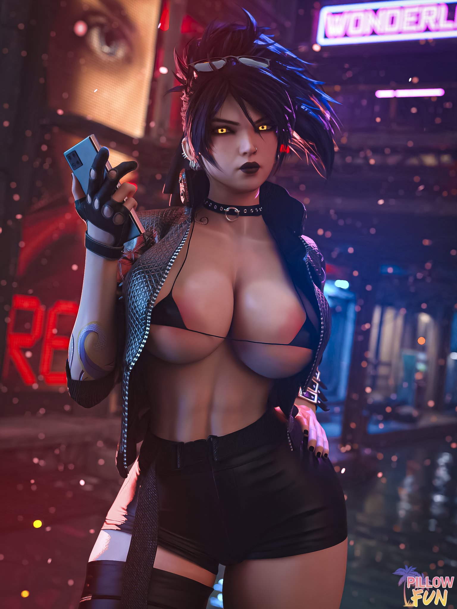 1girls, 3d, akali, areola slip, areolae, big breasts, black hair, black lipstick, breasts, female, female only, glowing eyes, goth, goth girl, league of legends, pillowfun, riot games, solo, yellow eyes