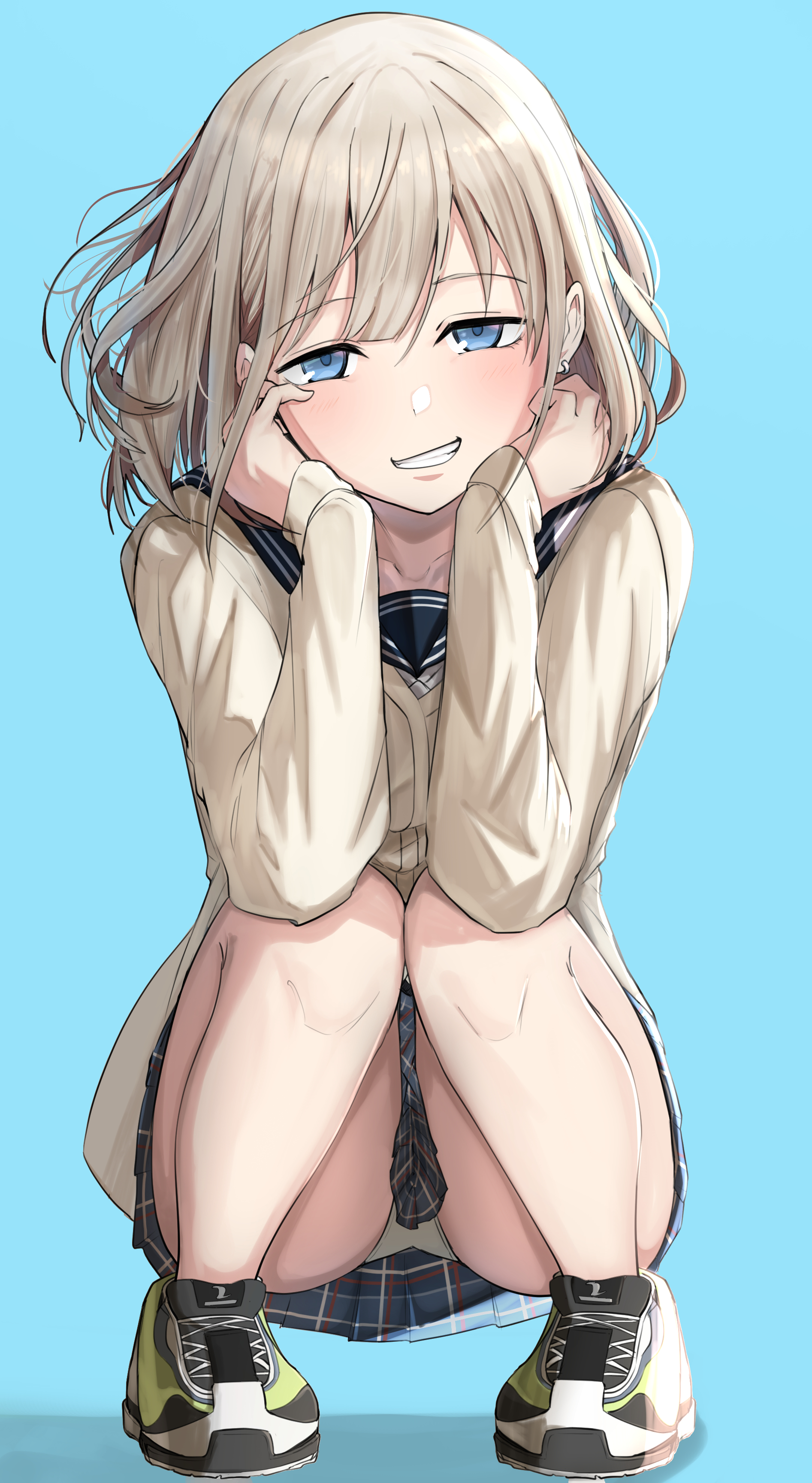 absurdres, artist request, blue background, blue eyes, blush, cardigan, earrings, female, floating hair, full body, grey hair, grin, hands on own cheeks, hands on own face, highres, idolmaster, idolmaster shiny colors, jewelry, long sleeves, looking at viewer, miniskirt, panties, pantyshot, school uniform, serizawa asahi, shoes, simple background, skirt, smile, sneakers, solo, squatting, teeth, underwear, white panties, yellow cardigan