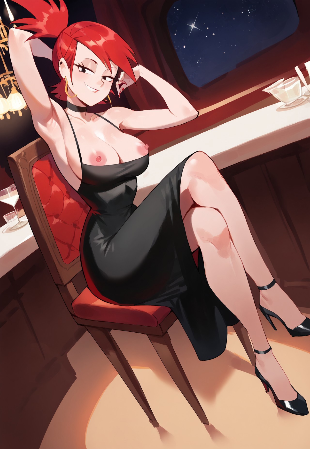 1girls, ai generated, black dress, breasts, classy, exposed breasts, female, foster's home for imaginary friends, frankie foster, heels, high heels, pink nipples, red hair, restaurant, solo, solo female, solo focus, tagme