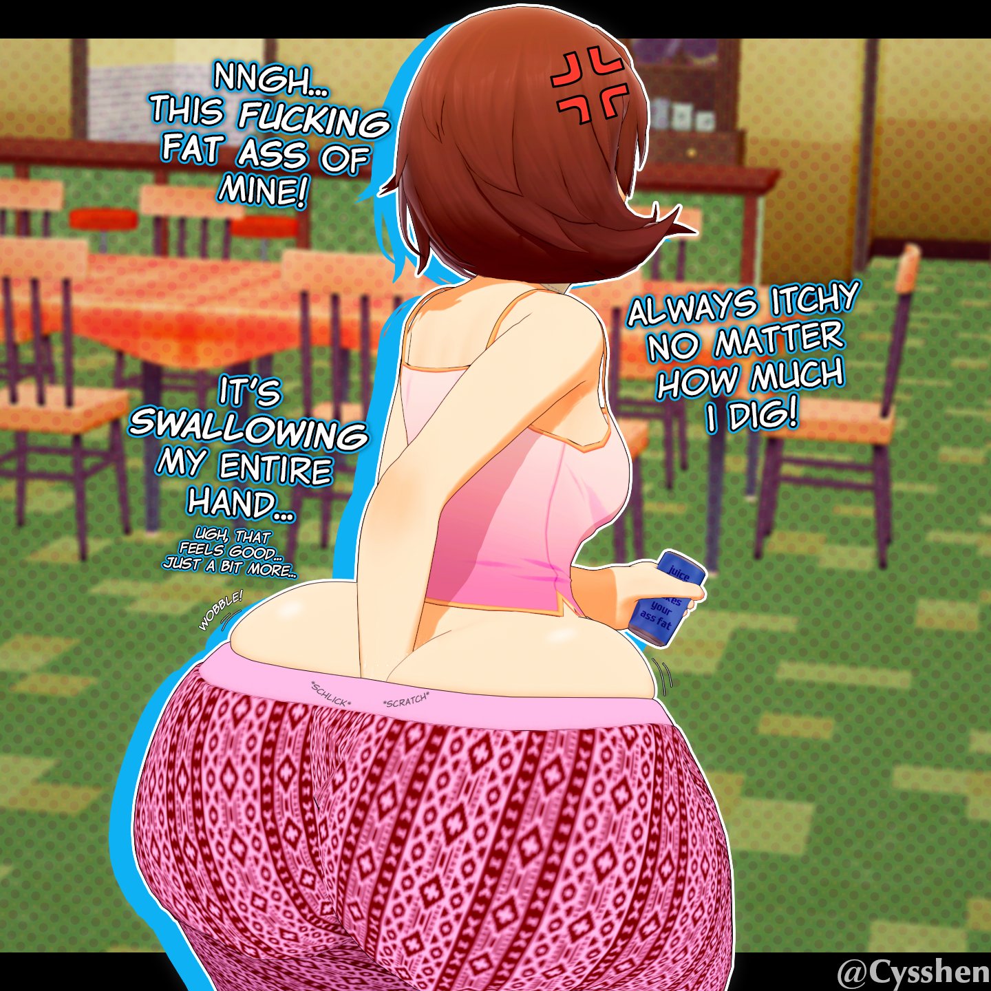 1girls, 3d, anger symbol, ass, ass bigger than breasts, ass bigger than head, ass bigger than torso, ass cleavage, ass crack, ass focus, autofisting, back view, black bars, bottom heavy, breasts, brown hair, brown-haired female, brunette, brunette hair, butt crack, butt digging, caption, chairs, color, complaining, cyshen, deep fisting, detailed background, digging up in they ass, fair skin, fair-skinned female, fair-skinned female body, female, female only, flare pants, forbidden pants, hand in ass, holding object, holding phone, huge ass, itching, neck length hair, paag, pear shaped, pear-shaped figure, persona, persona 3, phone, pink pants, pink shirt, pleasure, pleasured, schlick (sound effect), schlicking, scratching, scratching butt, sdiybt, short hair, slim thick, slim waist, standing, tables, text, tight clothing, tile floor, twitter link, twitter username, video game character, wide hips, wobbling ass, wobbling butt, yukari takeba