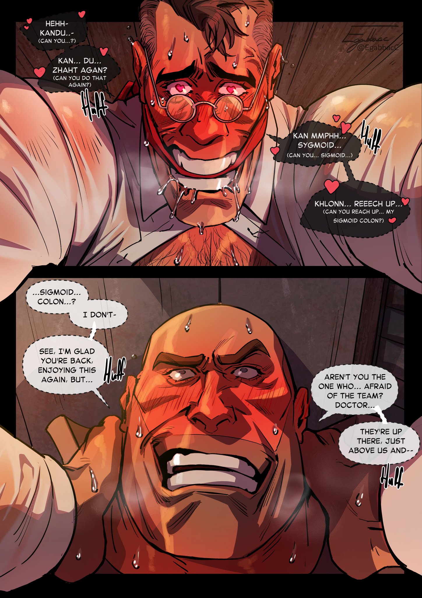 ahegao, aroused, aroused face, aroused male, bara, begging, begging for more, blushing profusely, canon couple, chest hair, cock drunk, cock hungry, comic, deep penetration, dilf, drooling, egabbacc, fucked senseless, fucked silly, gagged, gay, heart eyes, heart-shaped pupils, heavy (team fortress 2), heavy weapons guy, horny male, male, medic (team fortress 2), middle aged, middle aged man, milk strawberry popsicle (egabbacc), mind break, mindbreak, mindbroken, old male, page 37, penis, power bottom, public sex, rough sex, suspended congress, sweat, sweaty sex, tagme, team fortress 2, turned on, yaoi