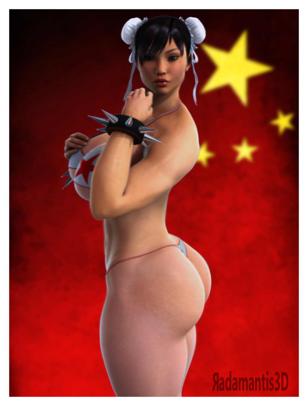 3d asian ass big_ass bikini black_hair brown_eyes bun_cover capcom chun-li cleavage curvy dat_ass double_bun female female_only highres huge_breasts human pose radamantis3d simple_background solo spiked_bracelet standing star street_fighter thick_thighs thong