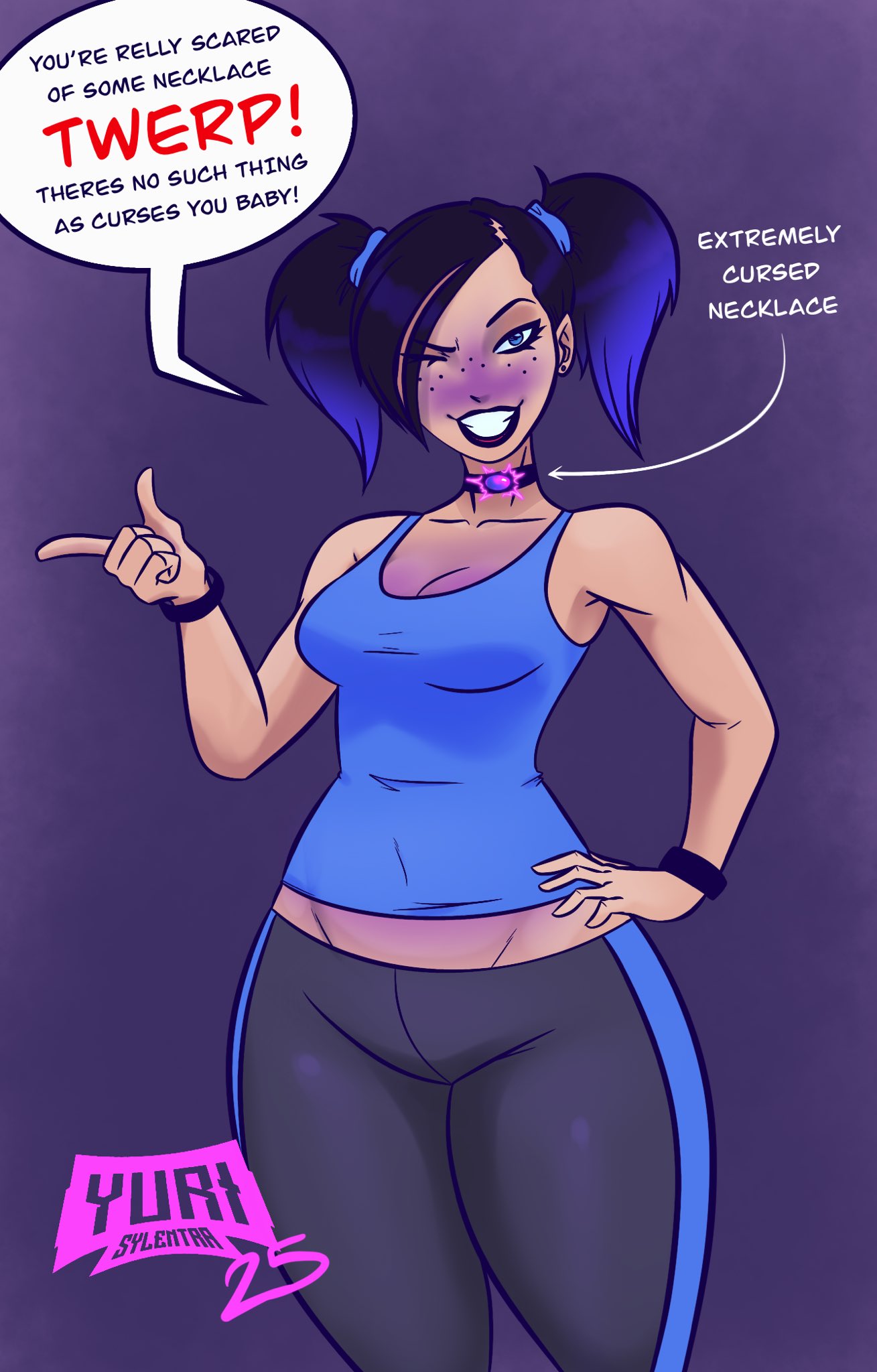 1girls, 2025, alien ant farm, big breasts, blue eyes, bracelets, breasts, cleavage, clothed, clothed female, cursed, cursed clothing, cursed item, cursed object, curvy, curvy female, curvy figure, dialogue, dialogue bubble, expansion, female, freckles, freckles on face, hand on hip, hi res, imminent blueberry inflation, imminent expansion, imminent inflation, inflation, leggings, looking at viewer, oblivious, real person, simple background, skin turning blue, solo, solo female, talking, talking to viewer, tank top, text, thick thighs, twintails, twintails (hairstyle), unnamed character, watermark, wide hips, wink, winking at viewer, yurisylentra