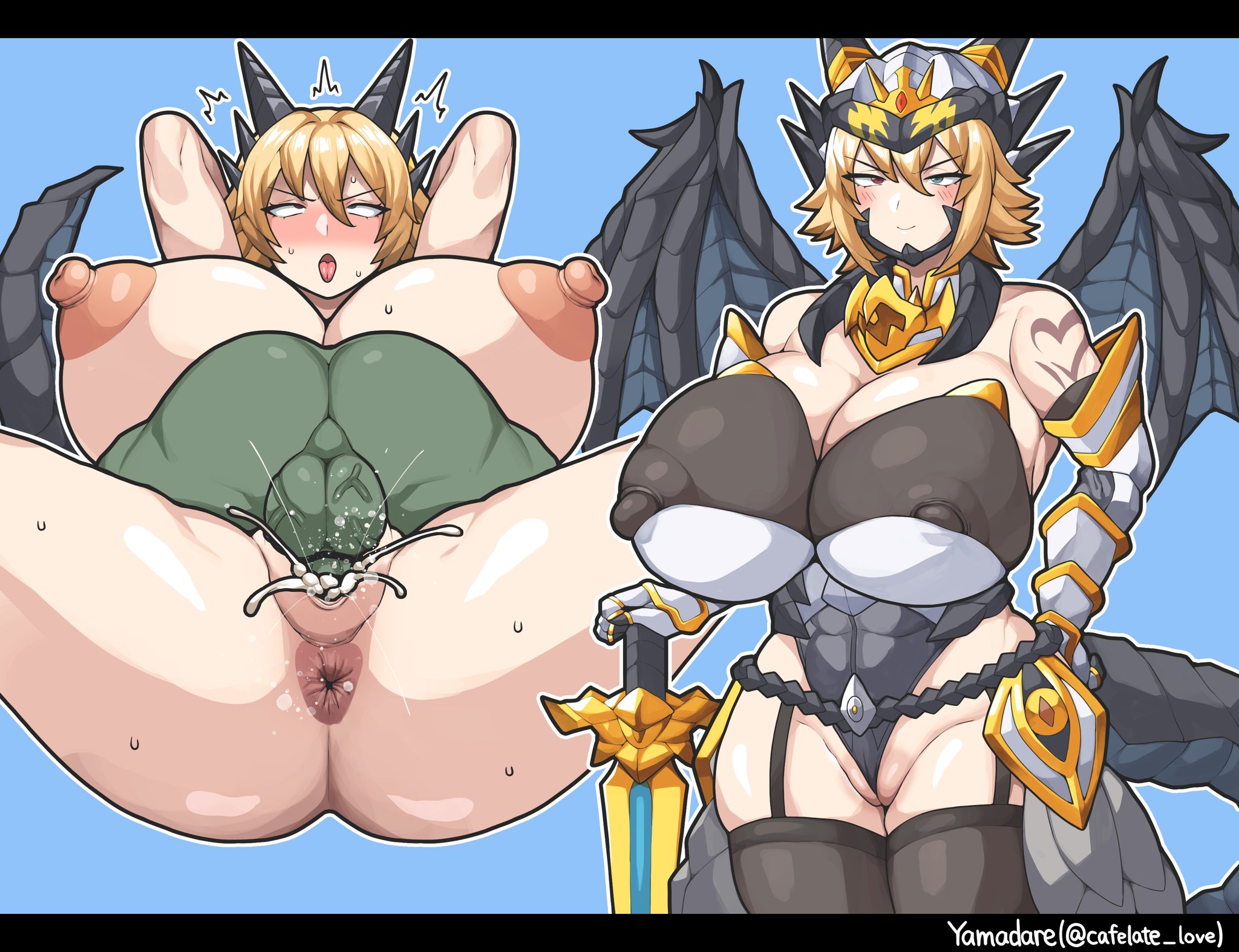 alto-eris (monster girl encyclopedia), areolae, armor, arms behind back, bikini armor, body writing, breasts, dragon (monster girl encyclopedia), dragon girl, dragon wings, erect nipples, female, goblin, goblin male, huge breasts, instant loss 2koma, male, mating press, monster girl encyclopedia, nipples, penetration, pussy, pussy juice, rolling eyes, tail, vaginal, vaginal penetration, vaginal sex, yamadare