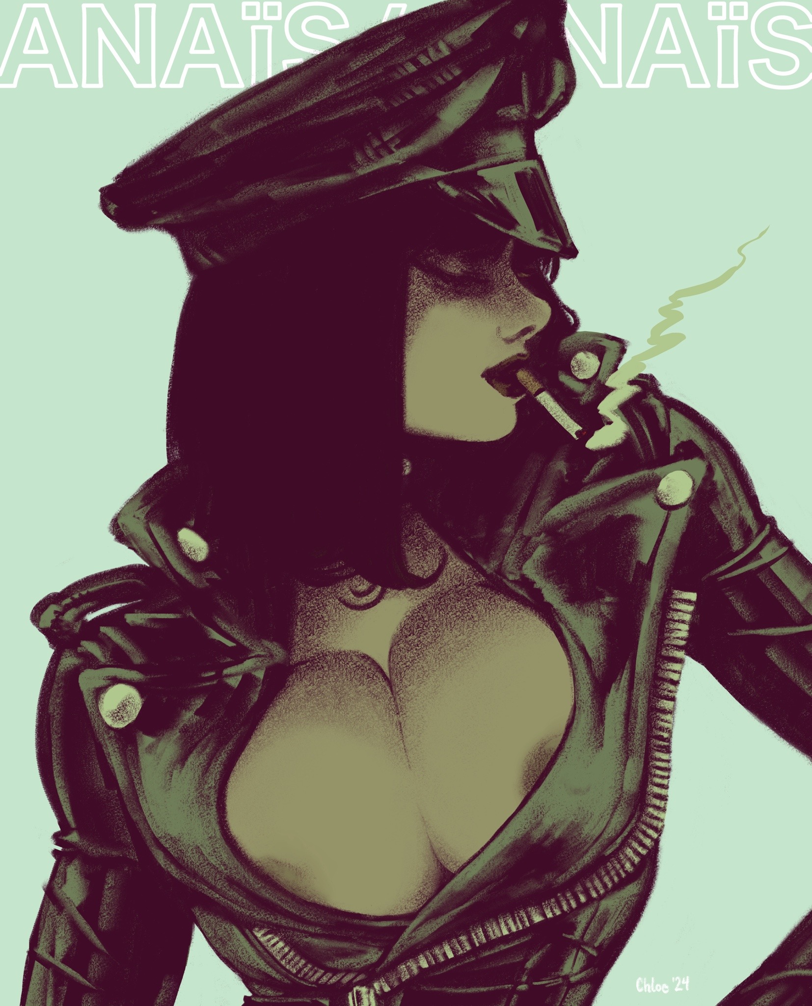 1girls, anaïs (chloe brailsford), areola slip, areolae, black lipstick, breasts, chloe brailsford, cigarette, cleavage, female, jacket, large breasts, leather jacket, original, peaked cap, simple background, solo, trans woman, transgender, upper body