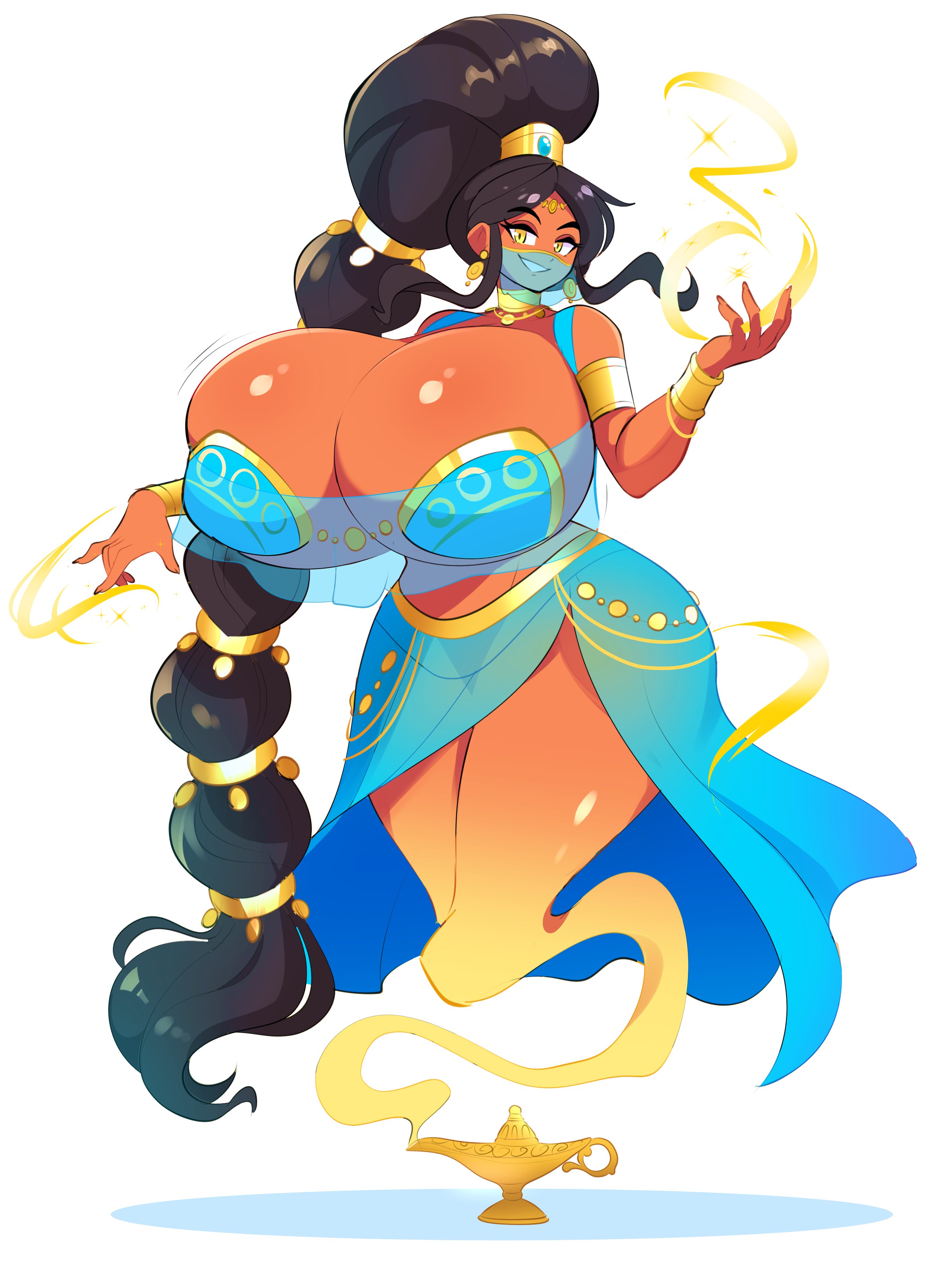 1girls, amari (theycallhimcake), black hair, bracelet, curvy, dark skin, dark-skinned female, female, genie, genie girl, jewelry, jpg, magic, mouth veil, theycallhimcake, twitter link, very long hair, wide hips, yellow eyes
