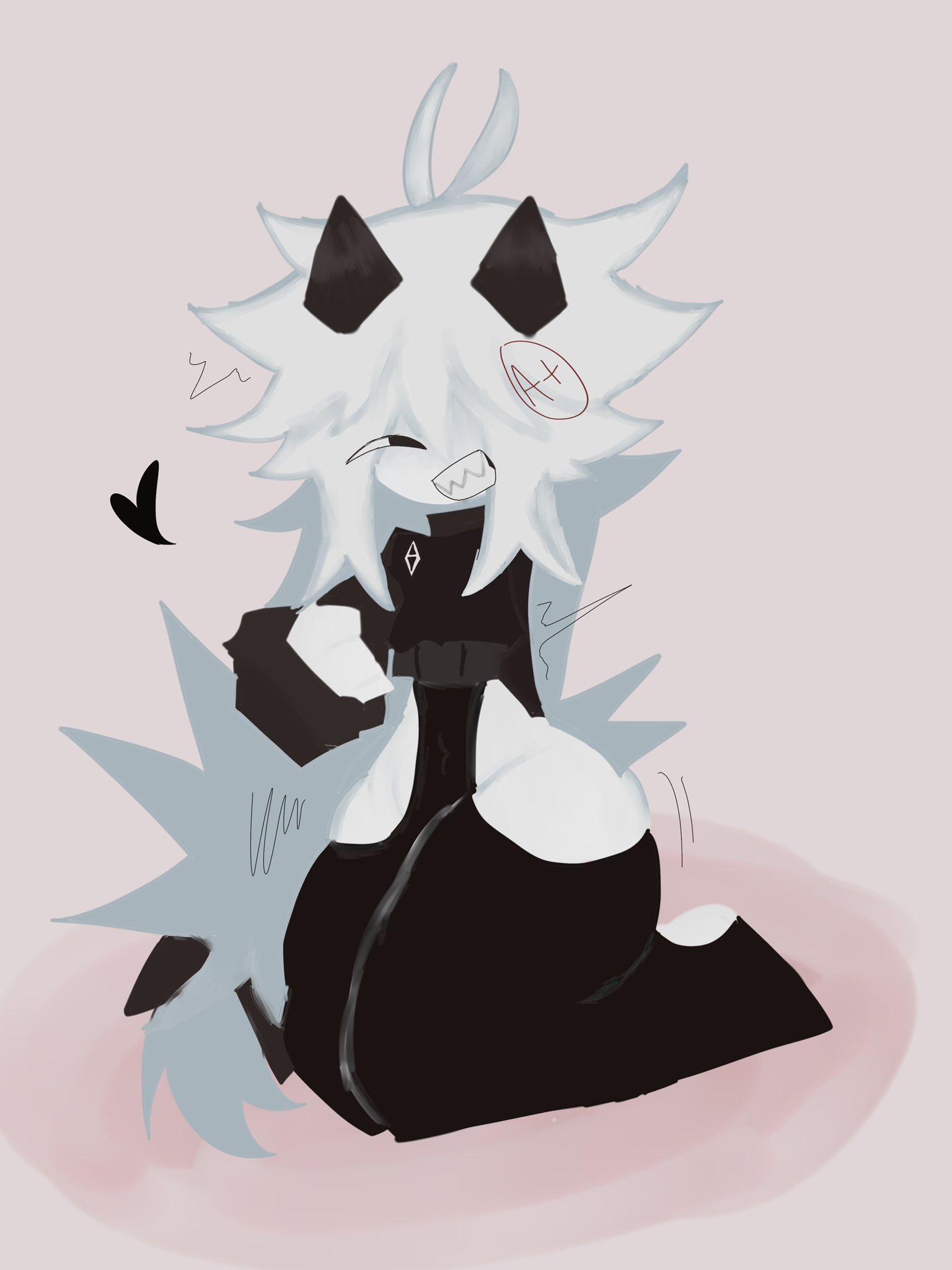 demon horns, femboy, fundamental paper education, hair accessory, heart, hillbriann, latex legwear, long hair, male, missing eye, oliver (fundamental paper education), one eye visible, sitting on knees, smiling at viewer, turtleneck, white hair