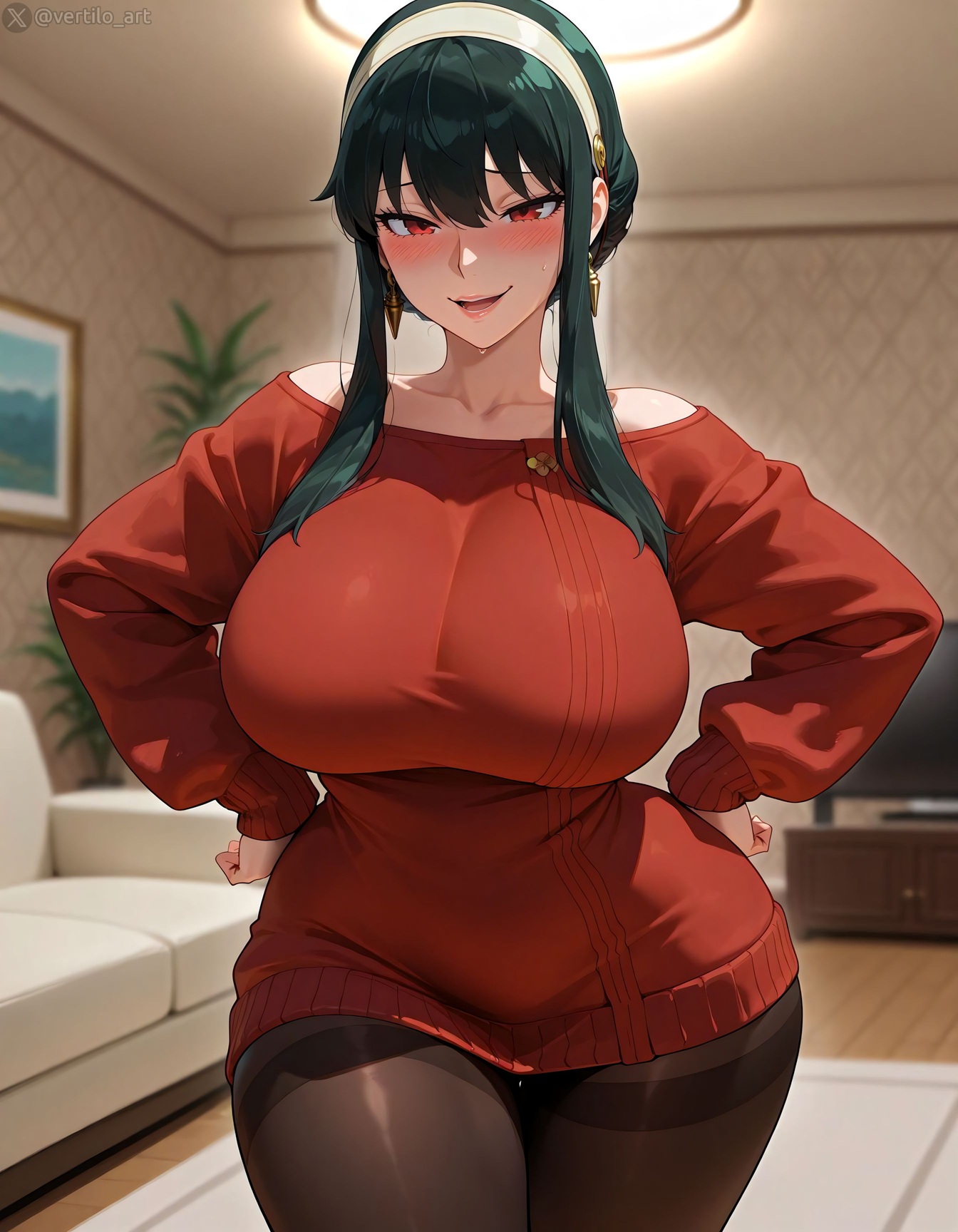 1girls, ai generated, breasts, female, female only, hands on hips, large breasts, pantyhose, red sweater, spy x family, vertiloart, wide hips, yor briar, yor forger