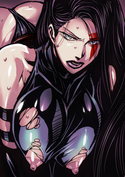 1girls blue_eyes breasts defeated_heroine exposed_nipples female female_only itagayui large_breasts marvel marvel_comics nipples psylocke purple_hair solo straight_hair sweat thong torn_clothes warainaku x-men