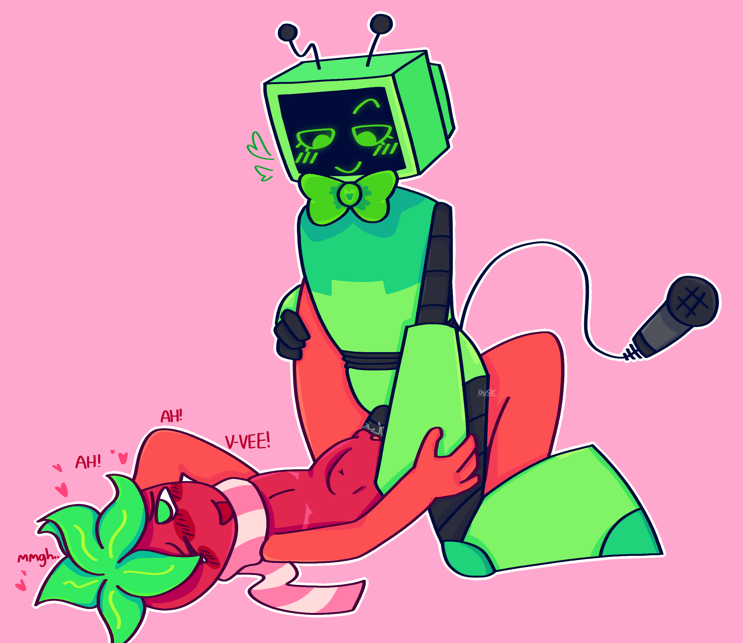 artist request, belly bulge, berryvision, cuntboy, cuntboy penetrated, dandy's world, female, female on top, femdom, intersex, moaning, pussy, roblox, robot, sprout (dandy's world), vaginal fluids, vee (dandy's world)