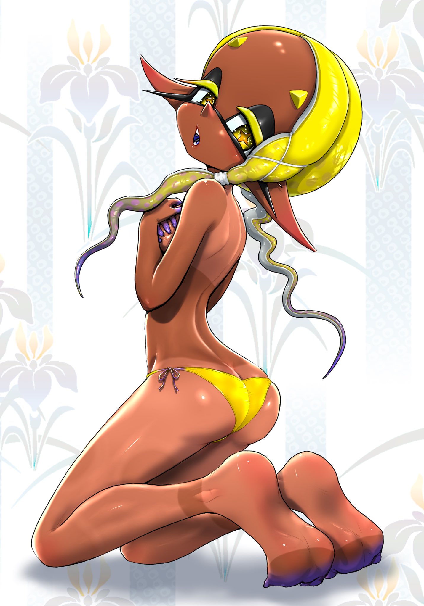 ass, bikini bottom, dark skin, dark-skinned female, digital drawing (artwork), digital media (artwork), female, female focus, female only, frye (splatoon), frye onaga, inkling, koharuno2, panties, splatoon, splatoon (series), splatoon 3, tentacle hair, topless, topless female