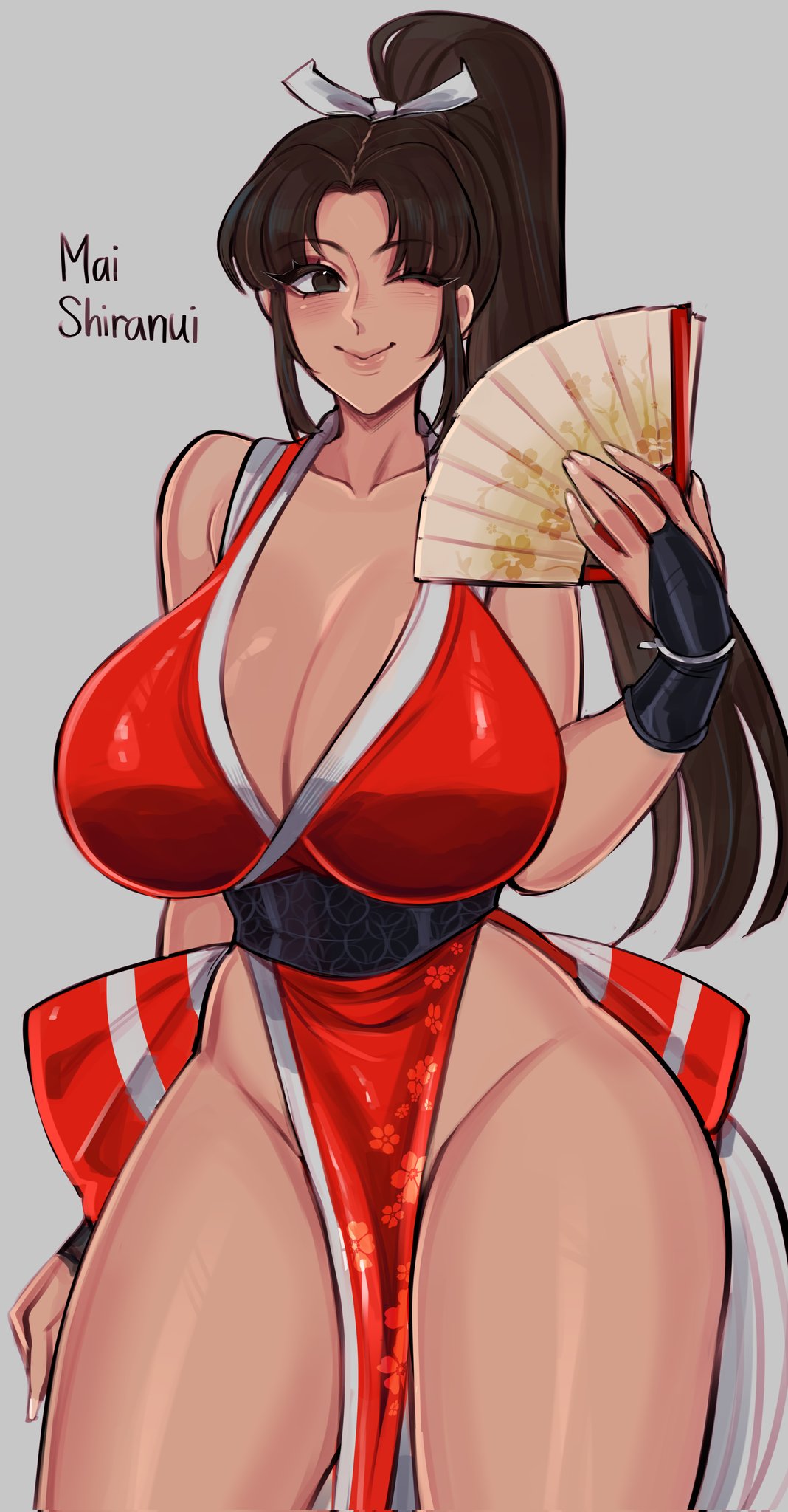 1girls, artist request, breasts, cleavage, fatal fury, female, female focus, female only, king of fighters, large breasts, light skin, light-skinned female, looking at viewer, mai shiranui, one eye closed, ruilumen, solo, thick thighs, thighs, wide hips