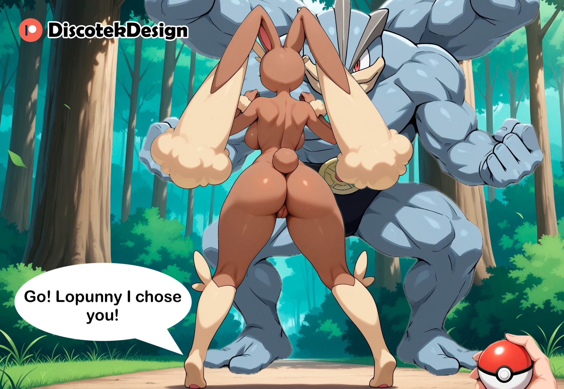4 arms, ai generated, cuckold, cuckold pov, dark skin, dark-skinned female, discotekdesign, female, forest, furry female, inminent rape, interspecies, lopunny, machamp, muscular, pokeball, pokemon, pov, rabbit ears, rabbit girl, red eyes, size difference, type advantage