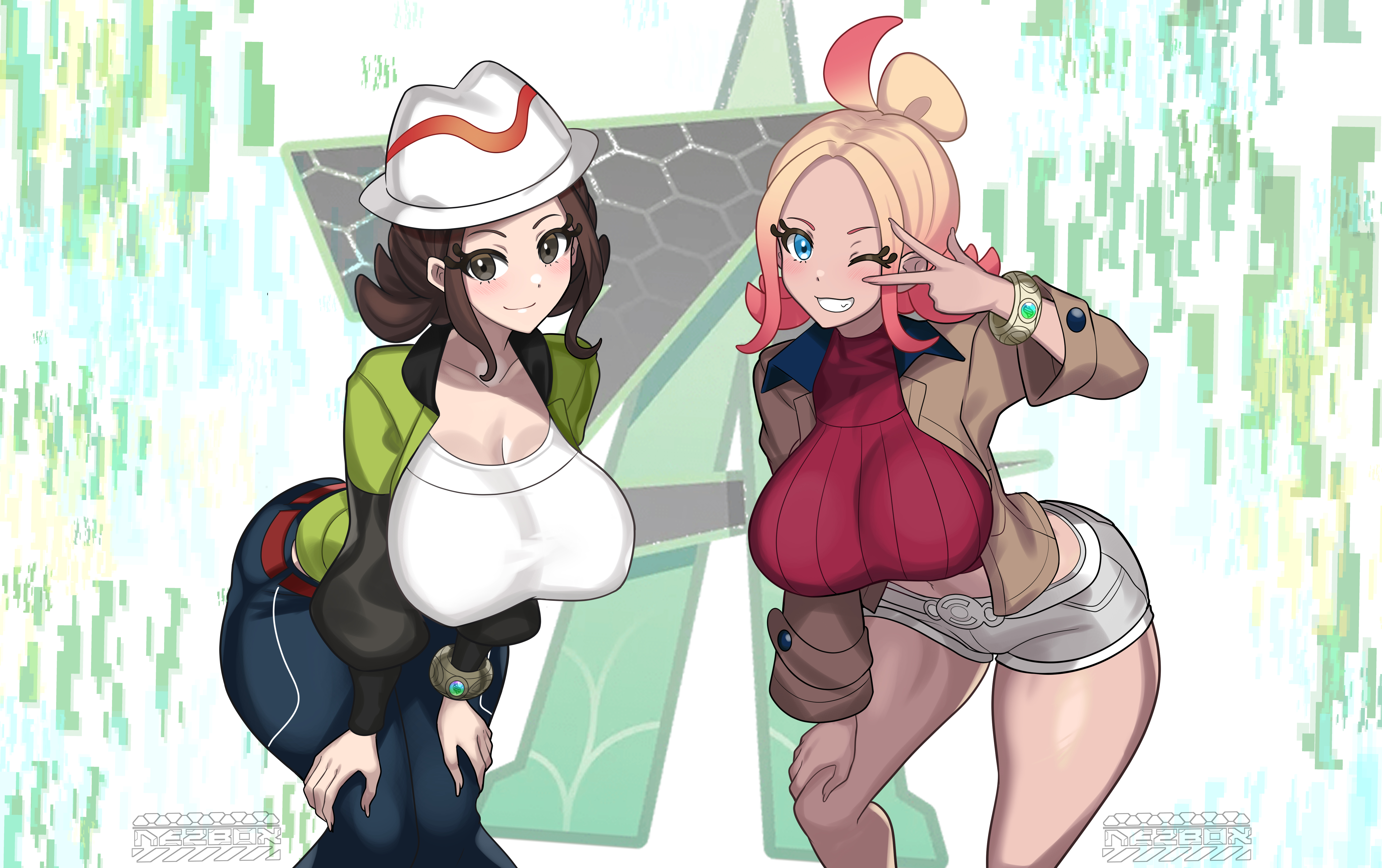 2girls, bare legs, bare thighs, big breasts, blonde hair, blue eyes, breasts, brown hair, clothed, clothing, color, female, female focus, female only, game freak, harmony (pokemon), hat, hi res, large breasts, light skin, looking at viewer, looking at you, nez-box, nintendo, pokemon, pokemon legends: z-a, pokemon trainer, seika (pokemon), short hair, skinned female, tagme, taunie (pokemon), thick thighs, townie (pokemon)