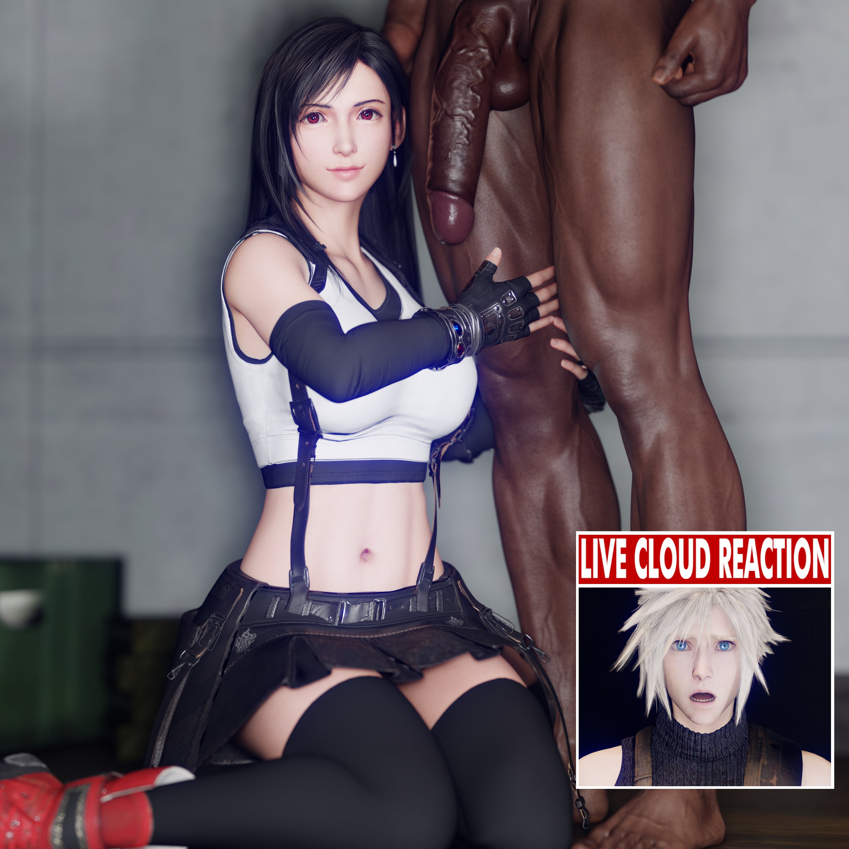 1girls, 2boys, 3d, big penis, cloud strife, cuckold, dark skin, dark-skinned male, derpderp, english text, female, final fantasy, final fantasy vii, interracial, live reaction (meme), live slug reaction, male, meme, penis, text, tifa lockhart