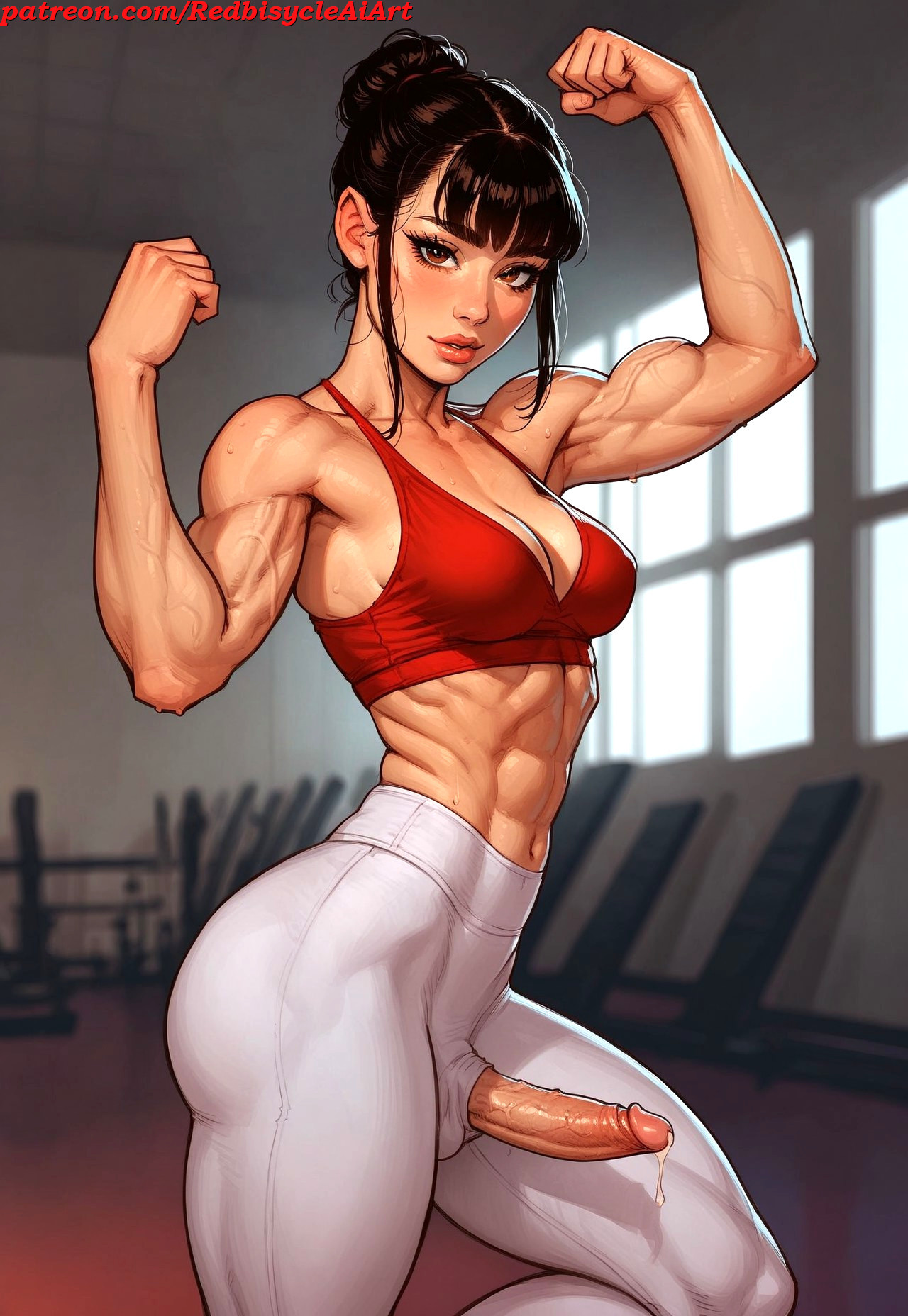 1futa, abs, ai generated, asian, ass, athletic, athletic futa, average sized penis, balls, balls bulge, balls under clothes, bangs, belly button, black hair, breasts, brown eyes, cleavage, collarbone, dark hair, dickgirl, fair skin, fit, fit futa, flexing, flexing arms, flexing bicep, flexing muscles, fringe, futa focus, futa only, futanari, gym, gym clothes, gym uniform, hair bun, happy, intersex, leggings, looking at viewer, midriff, muscles, muscular, muscular abdomen, muscular abs, muscular futa, navel, nipple bulge, normal penis, oc, penis, precum, precum drip, precum on penis, precum string, realistic penis size, red bra, red sports bra, red topwear, redbisycle, side ass, side view, small penis, sports bra, sportswear, standing, sweat, sweatdrop, sweating, sweaty, sweaty body, thick thighs, veiny arms, veiny penis, white pants, white skin, yoga pants