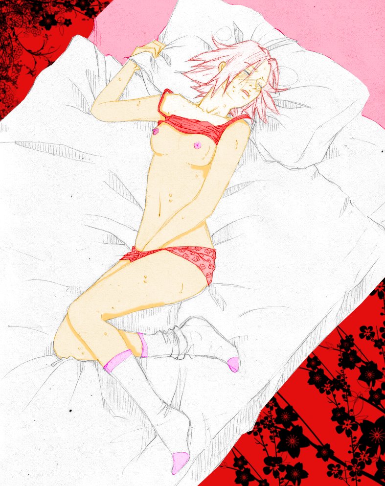 bed blush breasts closed_eyes female female_only fingering footwear human knee_socks kneehighs kneesocks legs lying masturbation nami86 naruto naruto_shippuden navel nipples open_mouth orgasm panties pink_hair sakura_haruno short_hair socks solo straight_hair sweat uncensored underwear white_socks