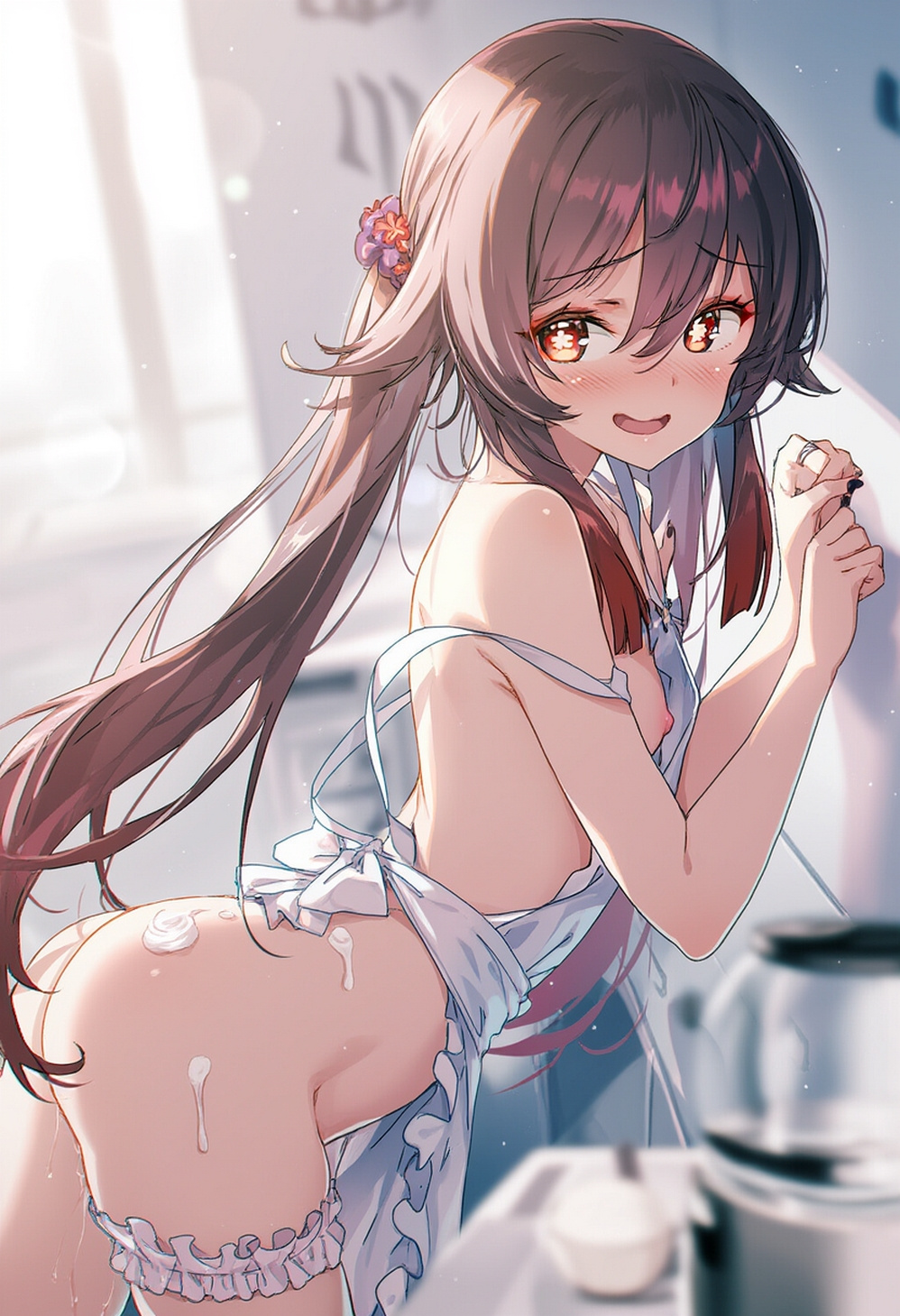 apron_only blush cream_on_body daytime genshin_impact hu_tao_(genshin_impact) kitchen nipple_peek raaicave shoulders small_breasts