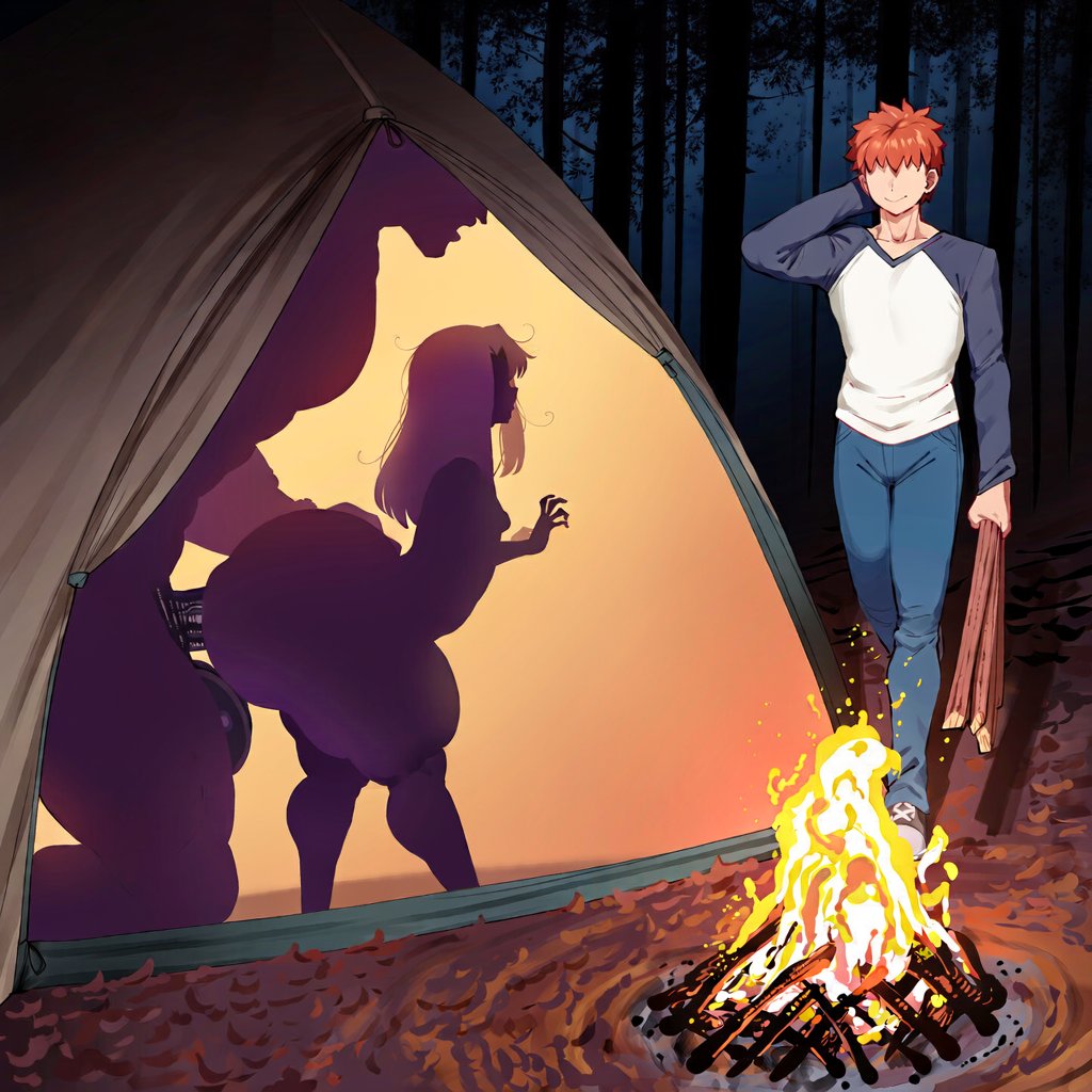 ai generated, ambiguous penetration, ass, big ass, big butt, campfire, emiya shirou, fat male, fat man, fate (series), fate/stay night, female, height difference, huge ass, huge butt, illyasviel von einzbern, ishimo, male, multiple males, netorare, outline, penis, silhouette, small breasts, tent, thick thighs, woods
