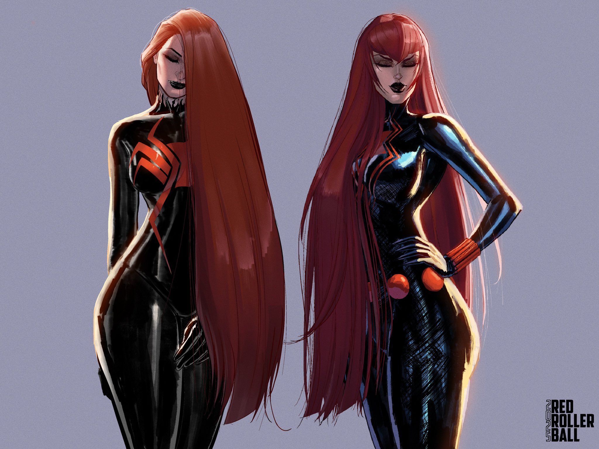 black bodysuit, black lips, black widow (marvel), bodysuit, closed eyes, female, hair over one eye, hand on hip, marvel, marvel comics, red hair, redrollerball, scarlett johansson, simple background, standing, very long hair