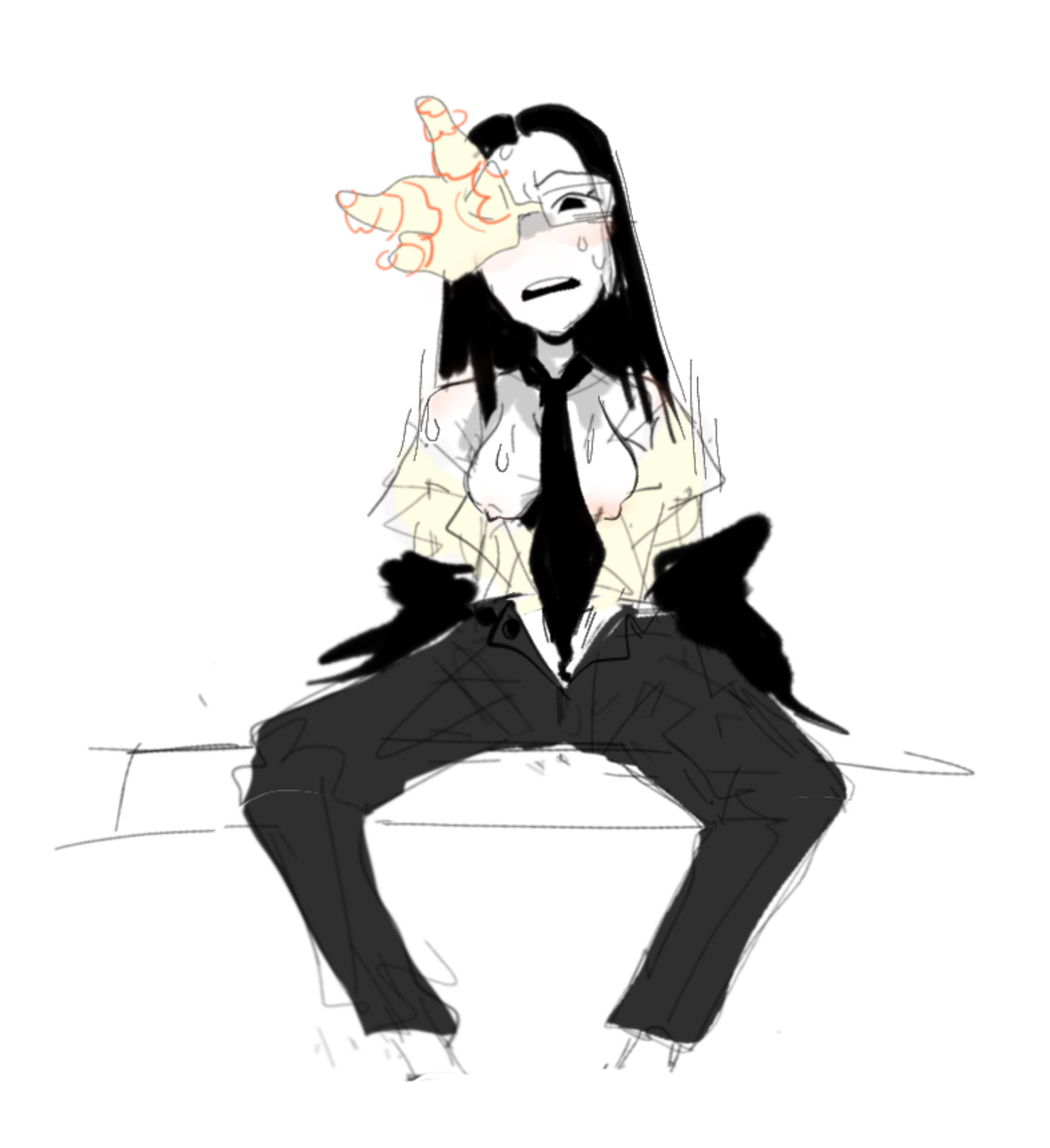1girls, black bottomwear, black eyes, black hair, black jacket, black necktie, black pants, black tie, blush, blushing, boobs out, breasts, breasts out, button down shirt, coral, coral glasses, dream bbq, ena (series), female, female humanoid, female only, humanoid, humanoid female, light topwear, long hair, megane, missing eye, necktie, necktie between breasts, nervous, nervous female, nervous sweat, one eye covered, one eye obstructed, one eye visible, open jacket, open mouth, open pants, open shirt, partially clothed, sagging breasts, simple background, solo, solo female, spread legs, sweat, sweating, sweaty, sweaty breasts, sweaty face, sweaty female, teeth showing, tie, unbuttoned pants, white background, white body, white skin, white skinned female