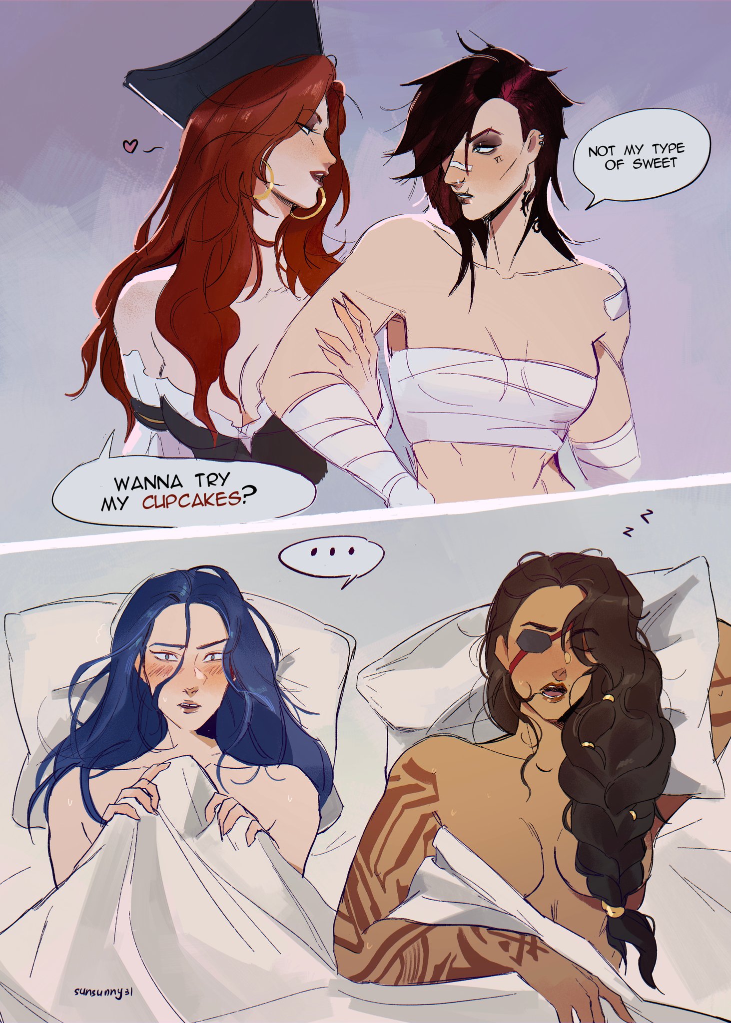 4girls, after sex, arcane, arcane brawler vi, arcane caitlyn, breast bandage, breasts, caitlyn kiramman, crossover, dark skin, dark-skinned female, eyepatch, eyewear, female, league of legends, miss fortune, partner swap, red hair, samira (league of legends), sarah fortune, sunsunny31, swingers, vi, yuri