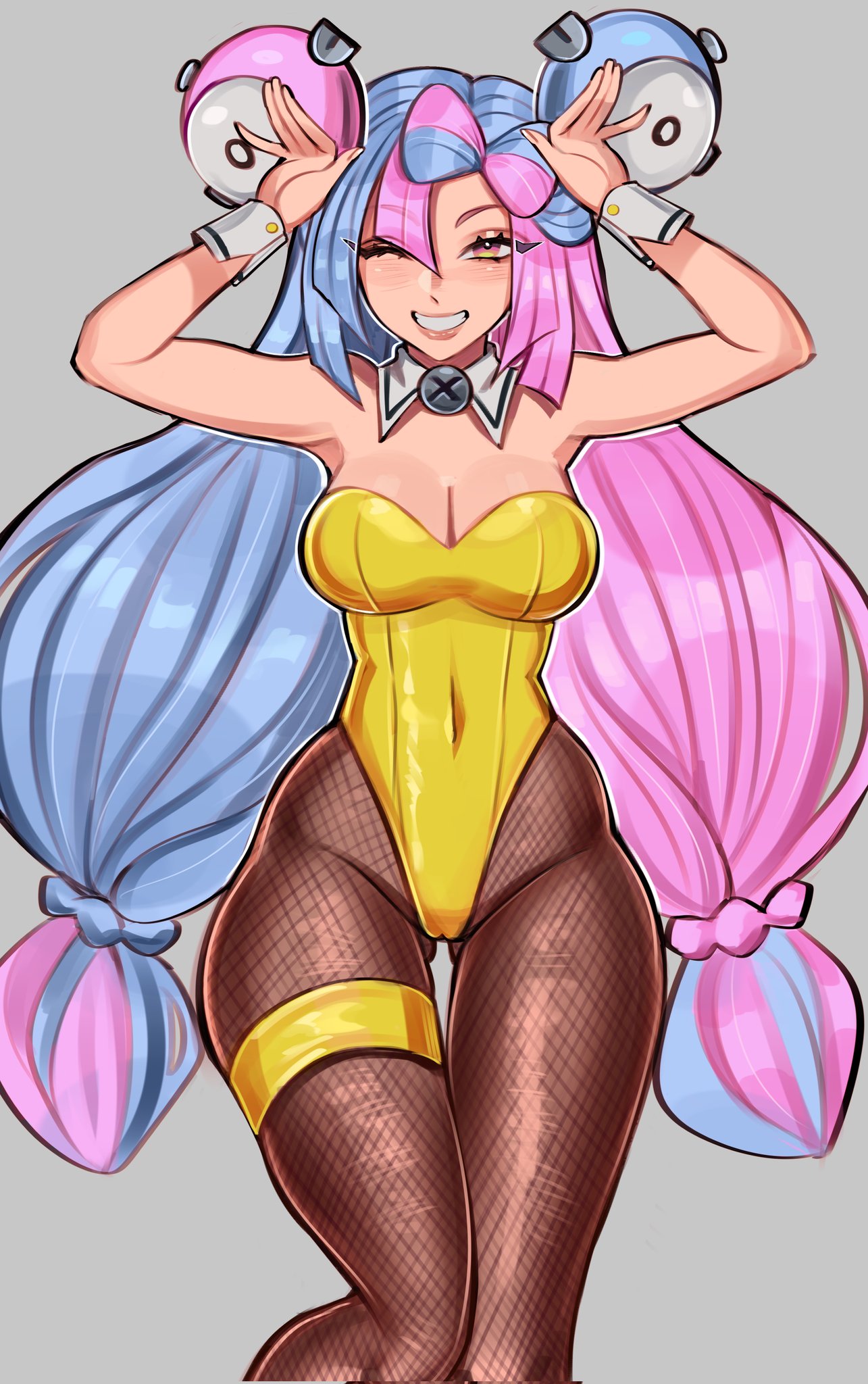 1girls, artist request, ass, ass visible through thighs, breasts, bunnysuit, cameltoe, cleavage, female, female focus, female only, iono (pokemon), light skin, light-skinned female, medium breasts, nintendo, one eye closed, pokemon, pussy, ruilumen, solo, thighs, twintails, wide hips