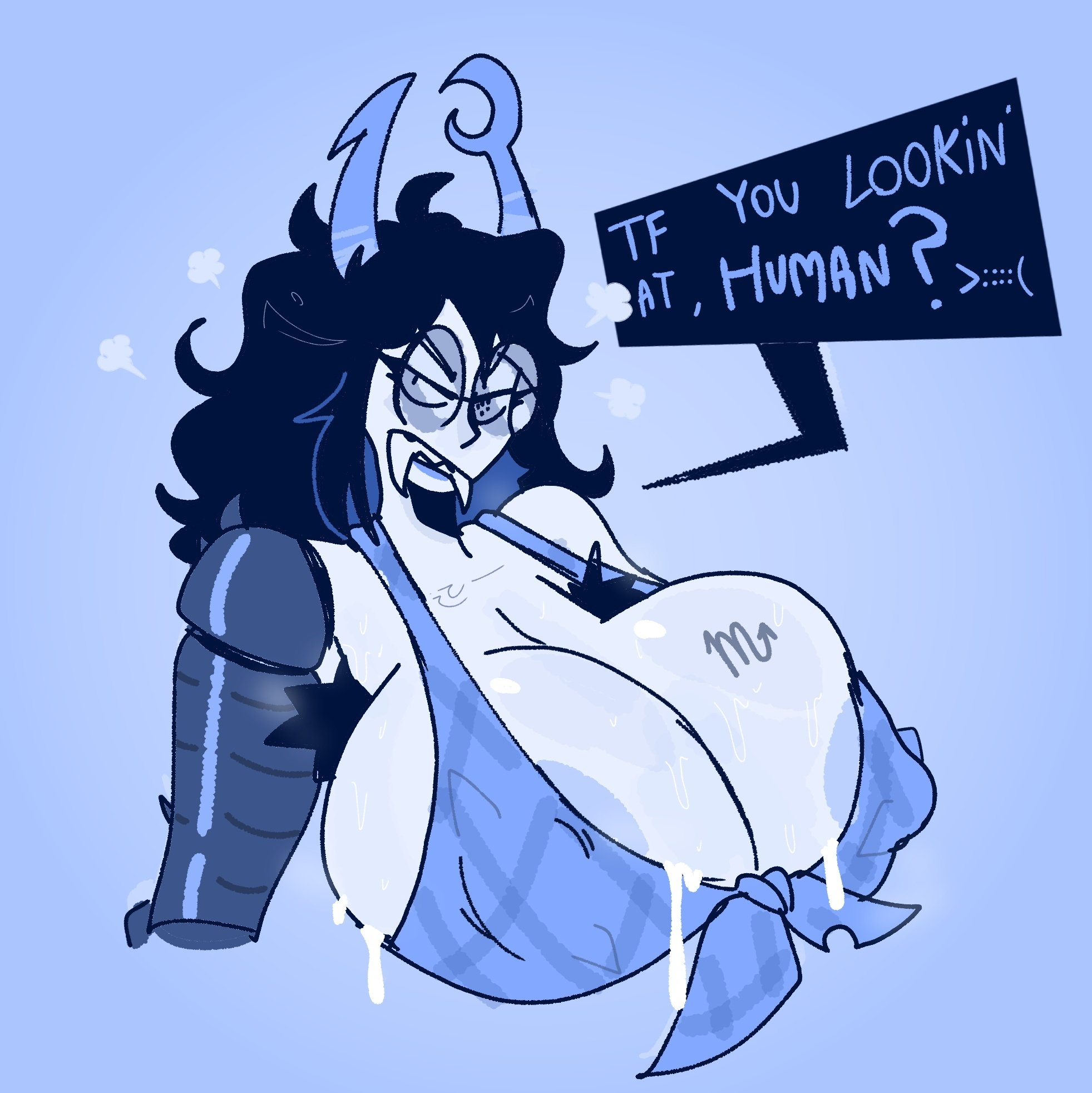 1girls, angry, annoyed, annoyed expression, armpit hair, big breasts, black hair, breasts, cleavage, errorplush, fangs, female, glasses, homestuck, horns, huge breasts, lactating, lactation, lactation through clothes, long hair, prosthetic arm, scorpio (symbol), tied shirt, vriska serket