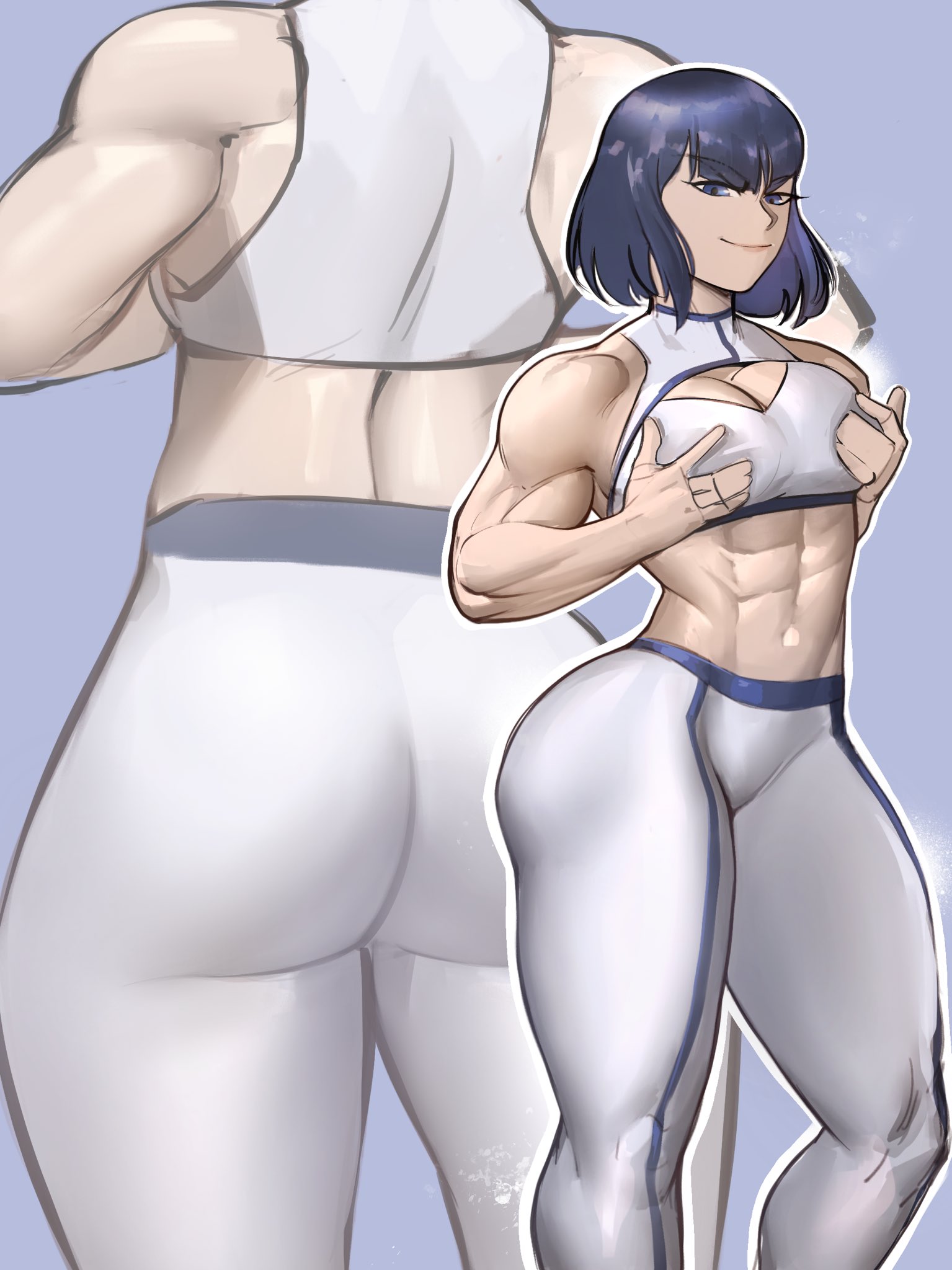 abs, ass, back, black hair, blue hair, bob cut, female, highres, huge ass, kill la kill, kiryuuin satsuki, midriff, muscular, muscular female, navel, pants, short hair, simple background, solo, tank top, thick thighs, thighs, yoga pants, zukululuu