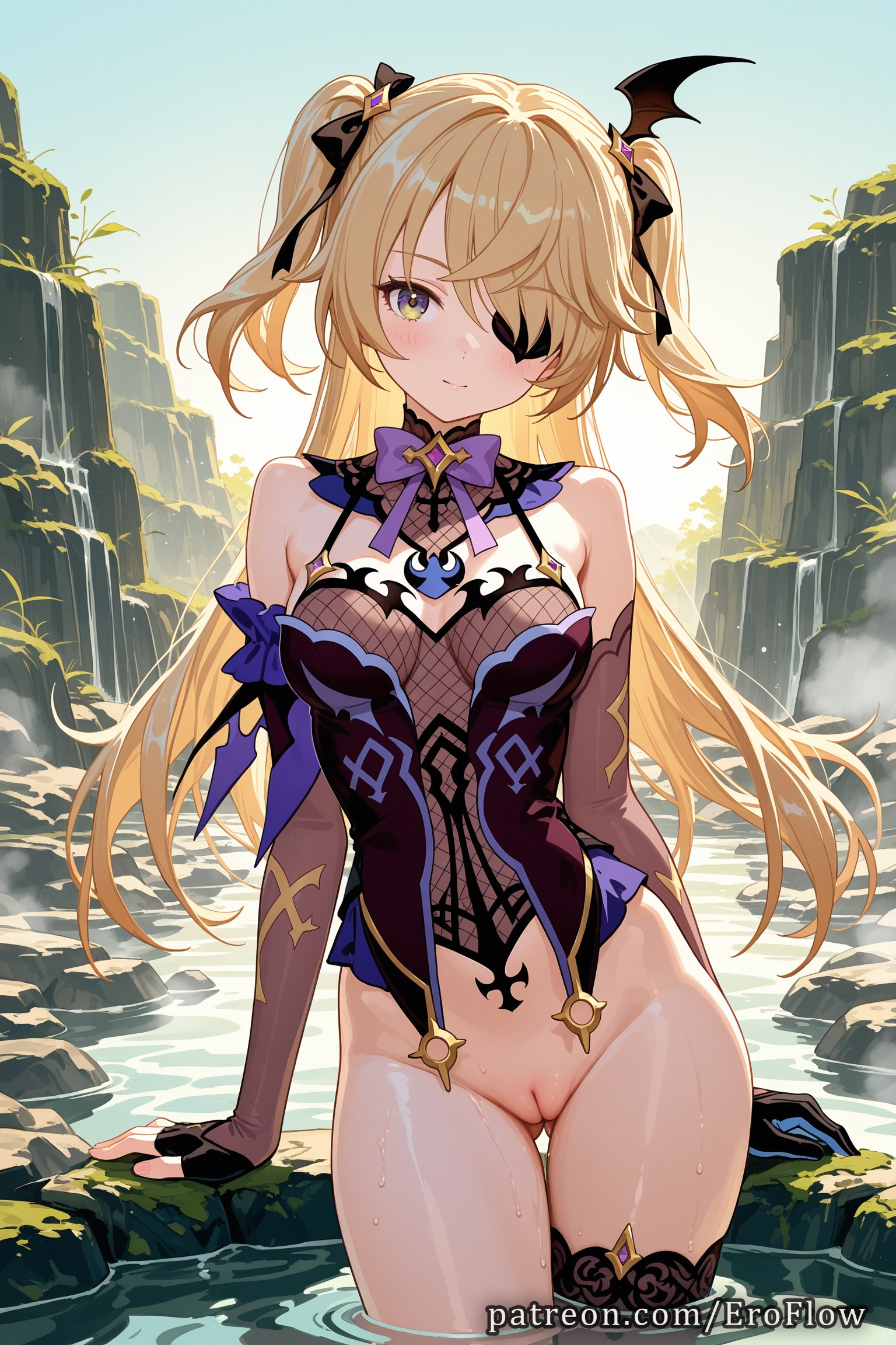 1girls, 2025, ai generated, ass visible through thighs, bangs, bare shoulders, black gloves, black thighhighs, blonde hair, blush, bottomless, bow, bowtie, breasts, cleft of venus, closed mouth, eroflow, eyepatch, female, fischl (ein immernachtstraum) (genshin impact), fischl (genshin impact), fishnets, genshin impact, gloves, green eyes, hair over one eye, hair ribbon, hi res, highres, hoyoverse, long hair, looking at viewer, medium breasts, mihoyo, mihoyo technology (shanghai) co. ltd., outdoors, patreon, purple bowtie, pussy, ribbon, single glove, single thighhigh, smile, solo, thigh gap, thighhighs, thighs, two side up, uncensored, vagina, voluptuous, voluptuous female, water, wet, wig