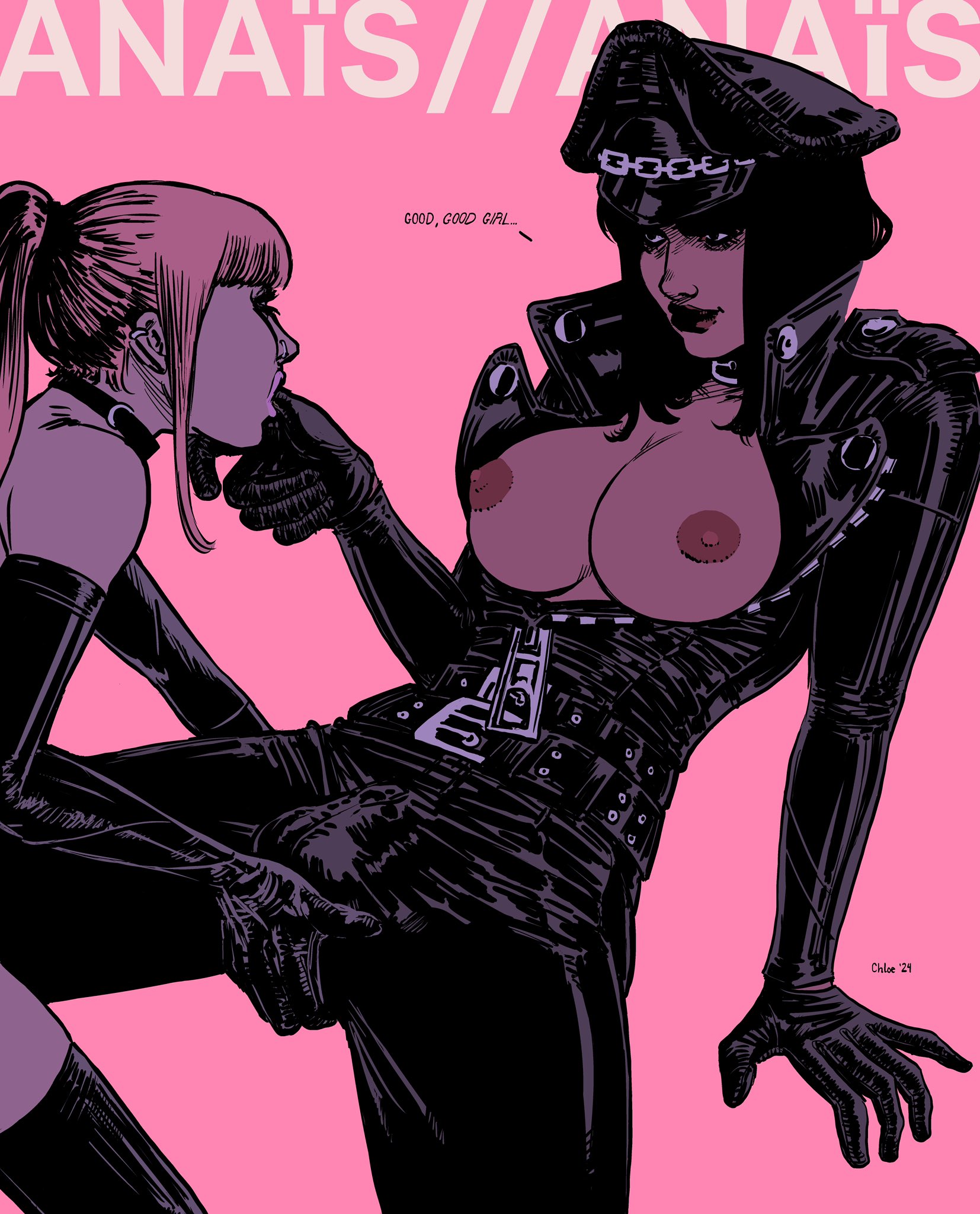 1dickgirl, 1girls, anaïs (chloe brailsford), black gloves, breasts, bulge, chloe brailsford, clothed, clothing, dickgirl, elbow gloves, female, finger in another's mouth, fully clothed, futa on female, futadom, futanari, hat, intersex, jacket, large breasts, leather, leather jacket, leather pants, light skin, long hair, original, peaked cap, trans woman, transgender, uniform