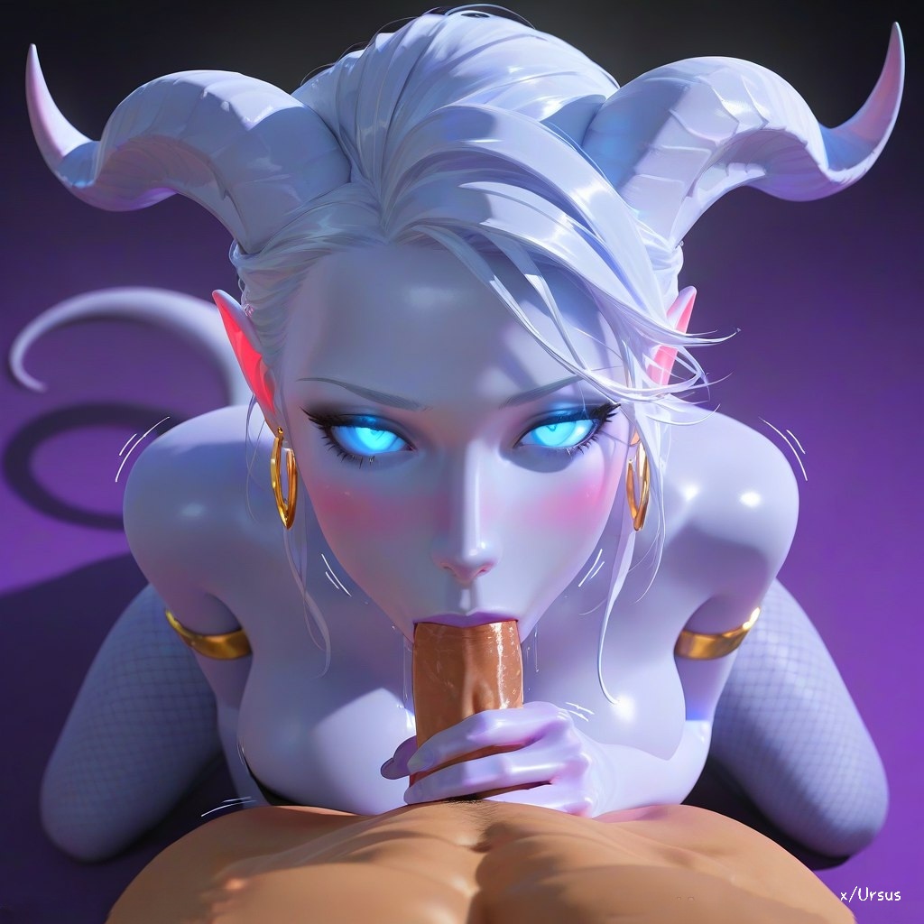 3d, ai generated, artas9972, blowjob, blush, breasts, draenei, draenei female, earrings, female, glowing eyes, horns, kneeling, mascara, stockings, tail, warcraft, white hair, world of warcraft