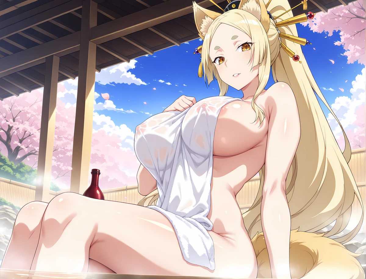 1girls ai_generated blonde_hair breasts female high_school_dxd large_breasts onsen sitting solo towel_only yasaka_(high_school_dxd) yokai