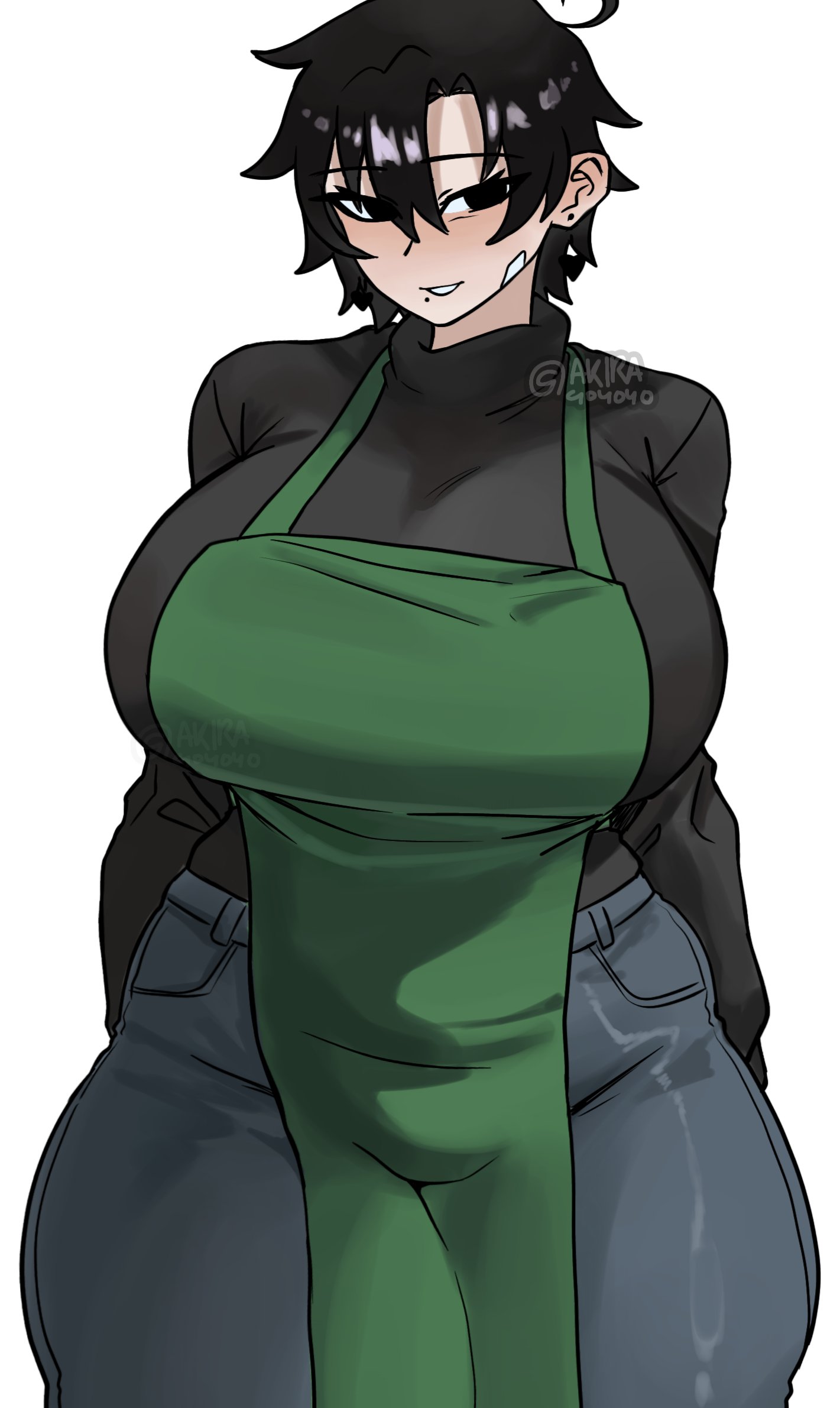 akira404040, apron, big breasts, breasts, clothed, clothing, female, happy female, hi res, jeans, mature female, neru (akira404040), solo, sweater puppies, tagme, tight jeans, tomboy milf, turtleneck, unbothered, voluptuous, voluptuous female, wholesome