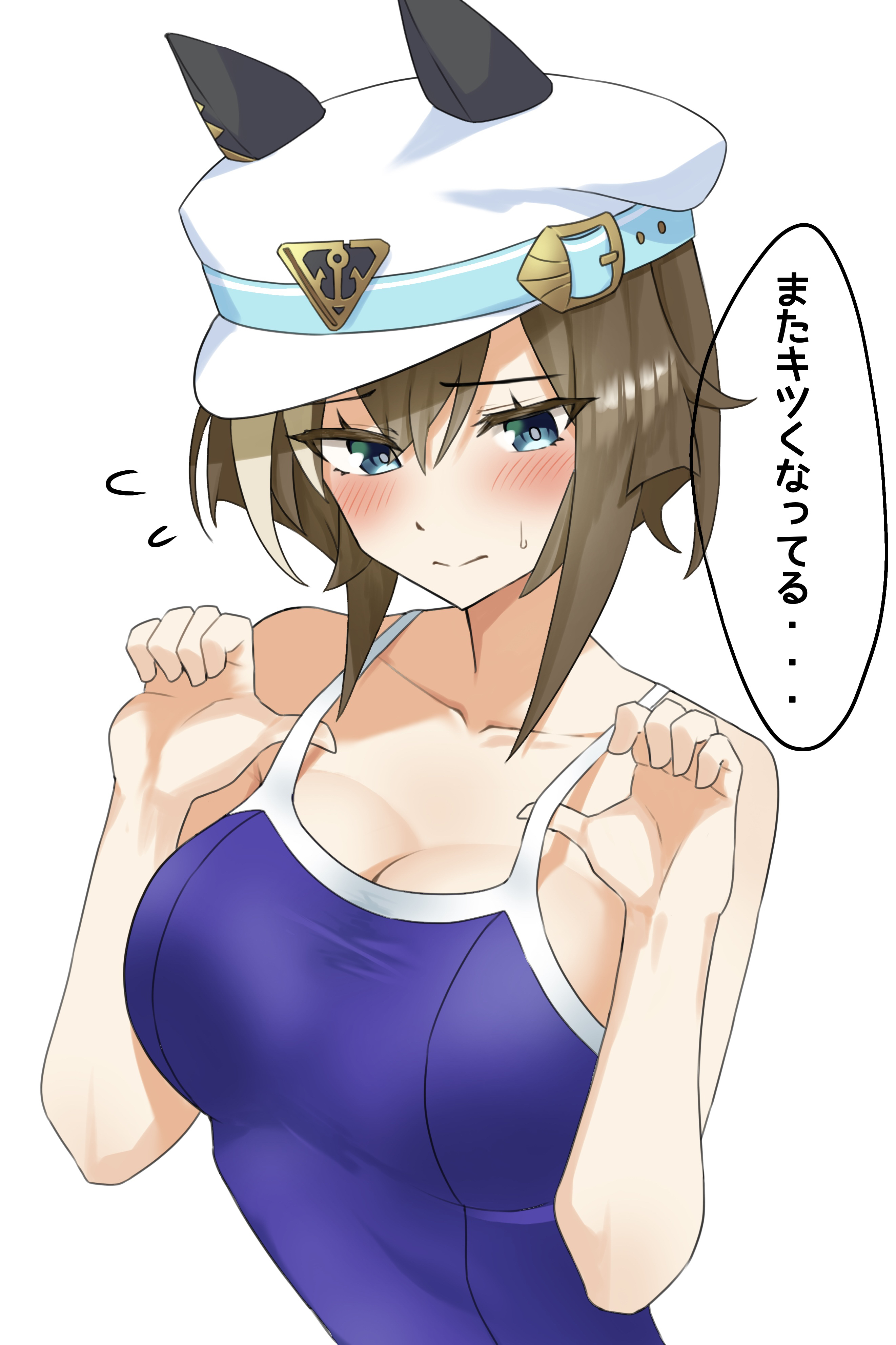 big breasts, blue eyes, blush, bob cut, breasts, cheval grand (umamusume), cleavage, embarrassed, female, female only, hat, headwear, horse ears, horse girl, horse tail, japanese text, kemonomimi, one-piece swimsuit, short hair, solo, sweatdrop, swimsuit, umamusume, umamusume pretty derby